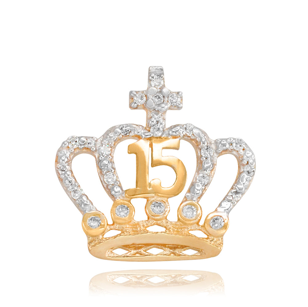 Two-Tone Gold Cubic Zirconia Crown 15 Años Cross Quinceañera Pendant Necklace, view 2