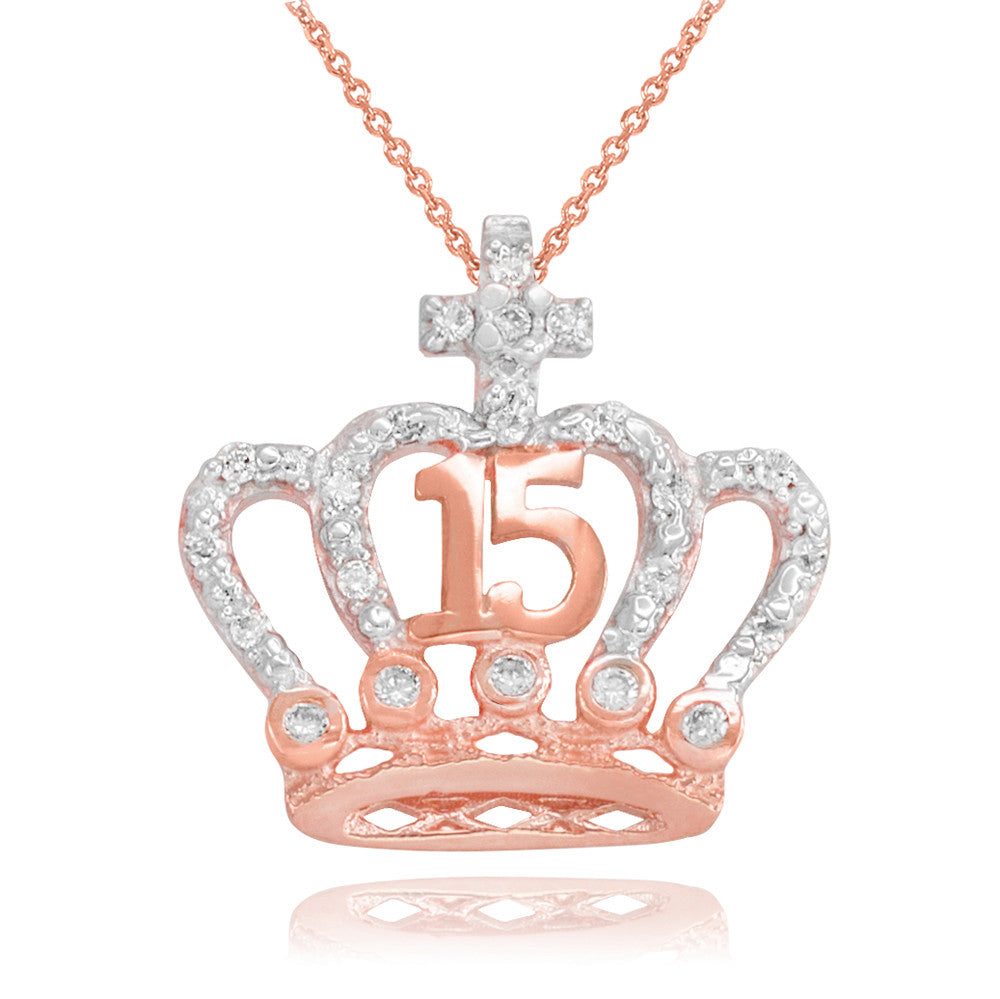 Two-Tone Gold Cubic Zirconia Crown 15 Años Cross Quinceañera Pendant Necklace, view 3