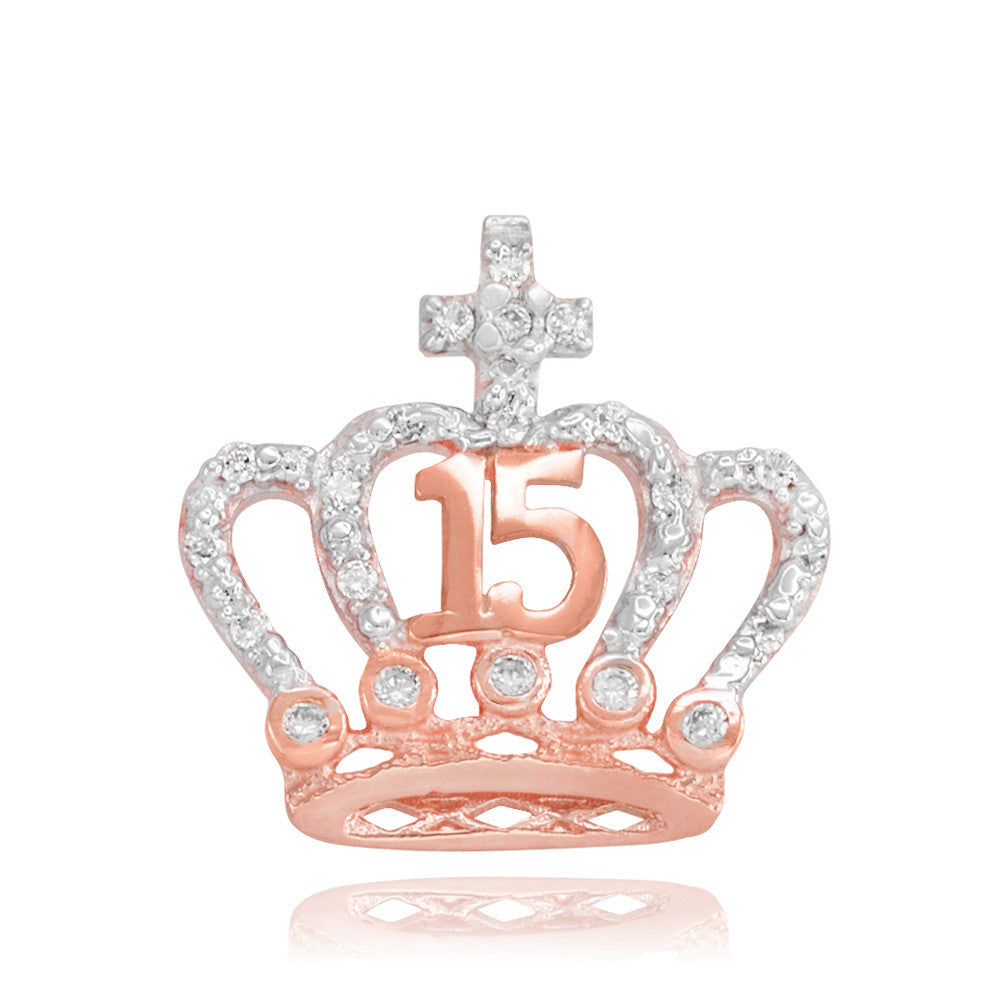 Two-Tone Gold Cubic Zirconia Crown 15 Años Cross Quinceañera Pendant Necklace, view 4