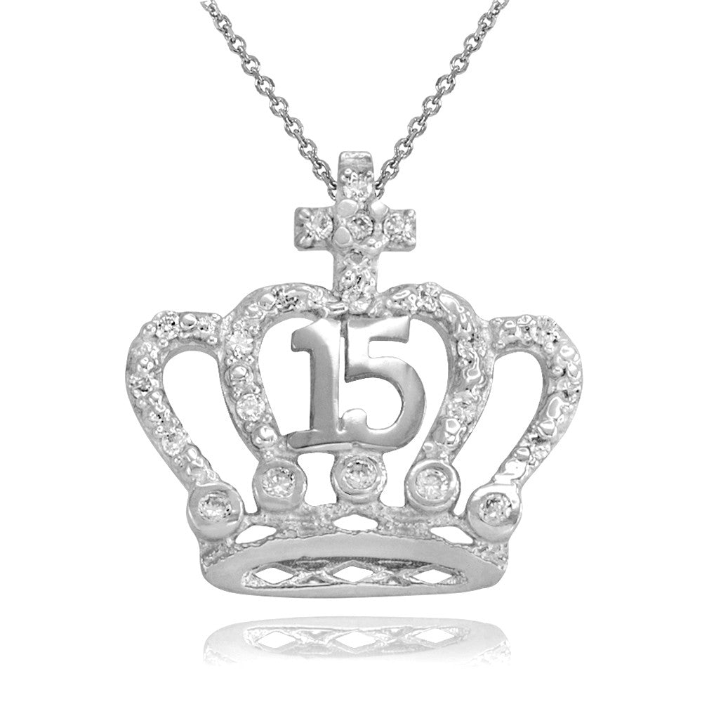 Two-Tone Gold Cubic Zirconia Crown 15 Años Cross Quinceañera Pendant Necklace, view 5