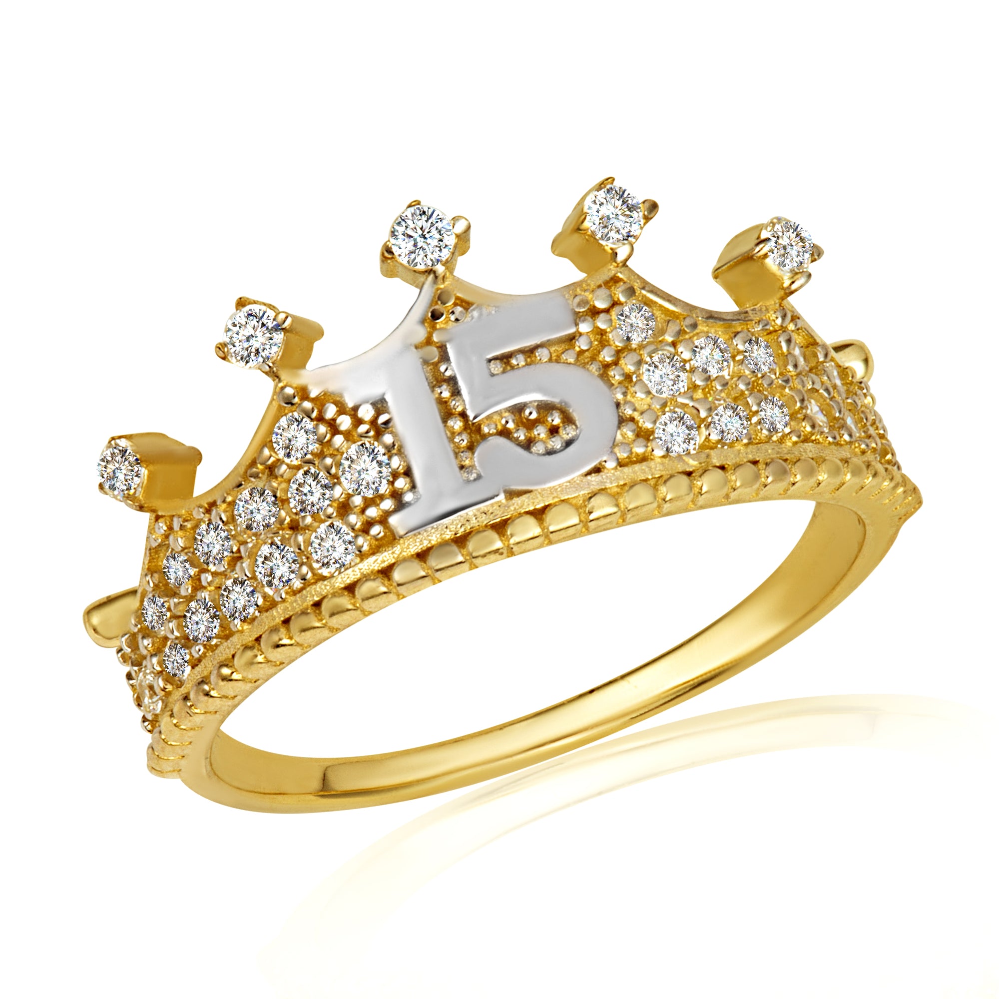 Two-Tone Gold Cubic Zirconia Crown 15 Años Quinceañera Ring