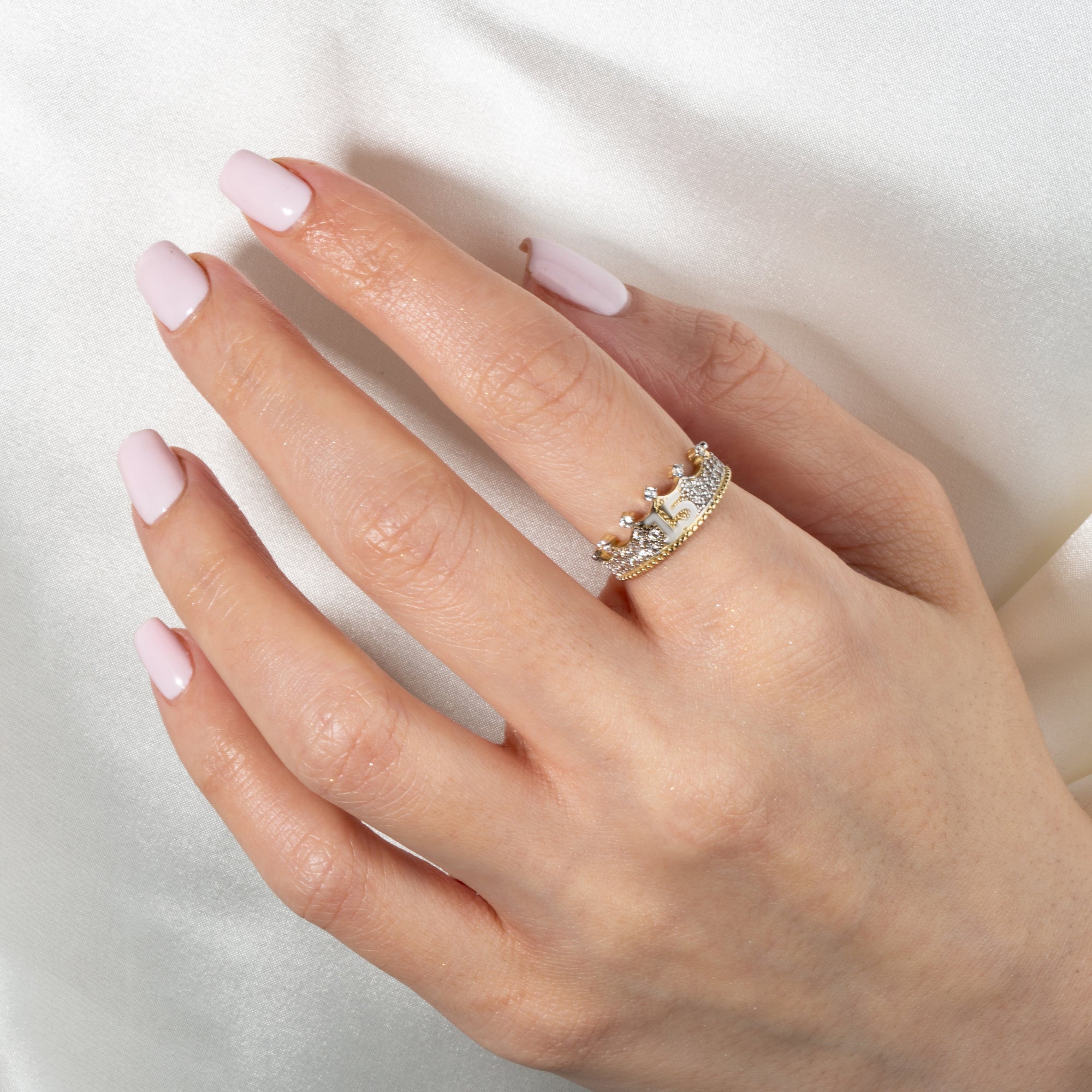 Two-Tone Gold Cubic Zirconia Crown 15 Años Quinceañera Ring, view 2