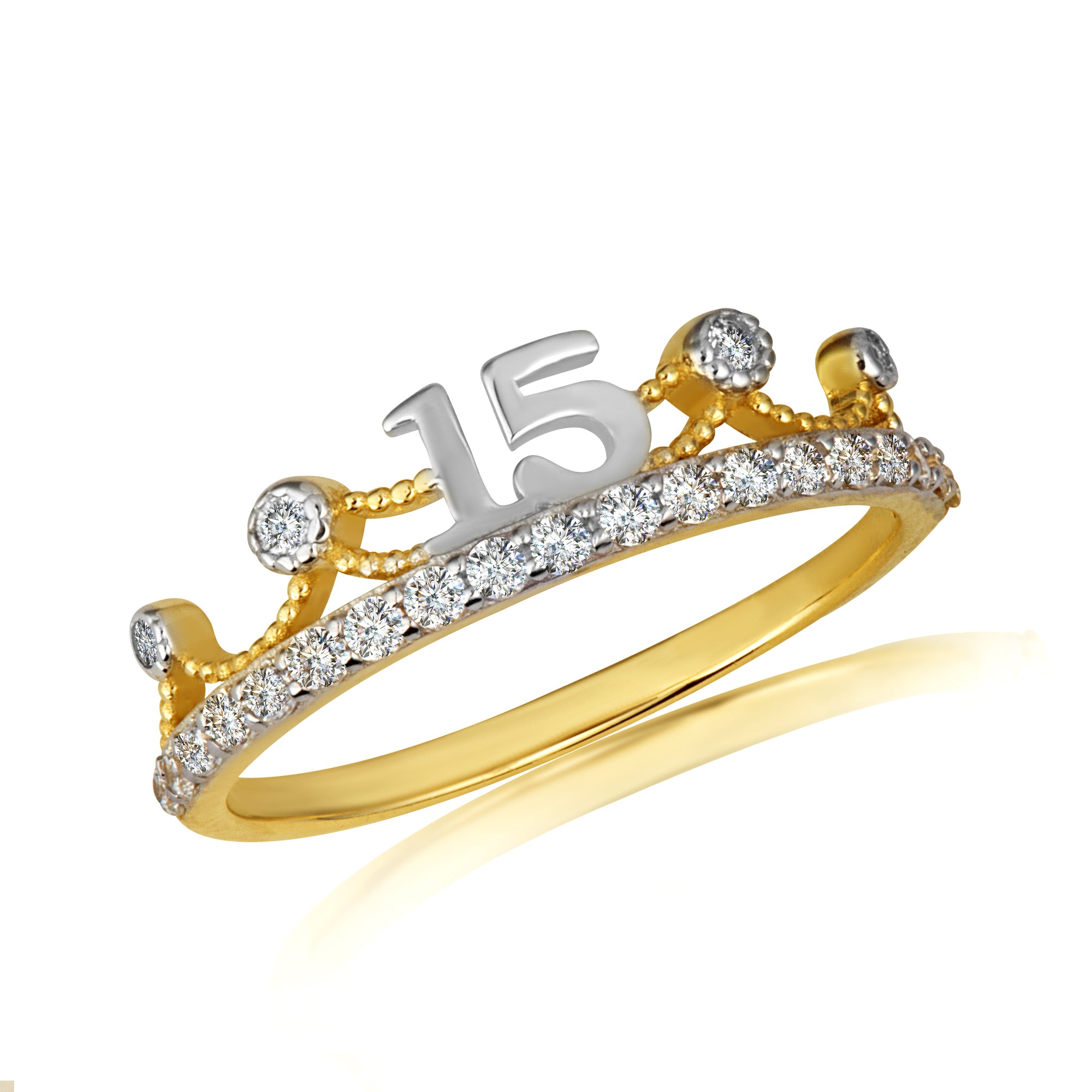Two-Tone Gold Cubic Zirconia Crown 15 Años Quinceañera Tiara Band Ring