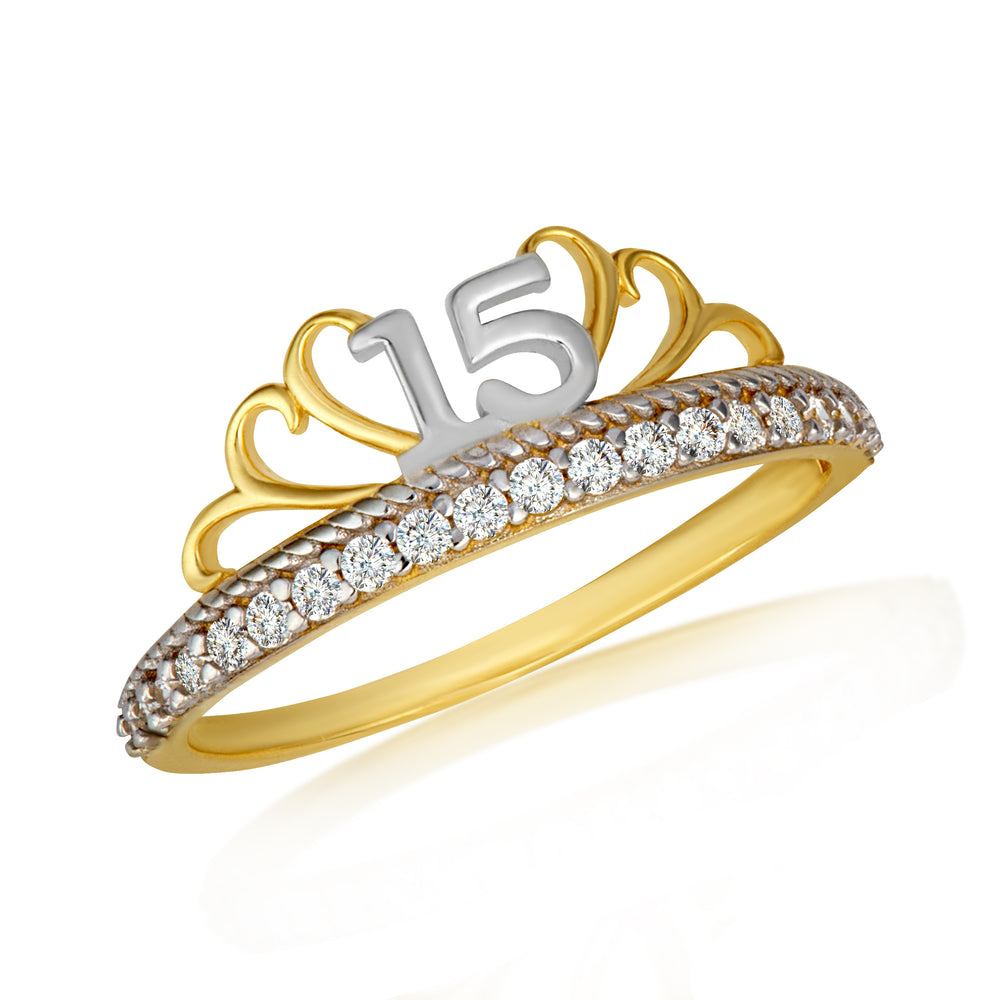 Two-Tone Gold Cubic Zirconia Filigree Royal Crown 15 Años Quinceañera Rope Ring