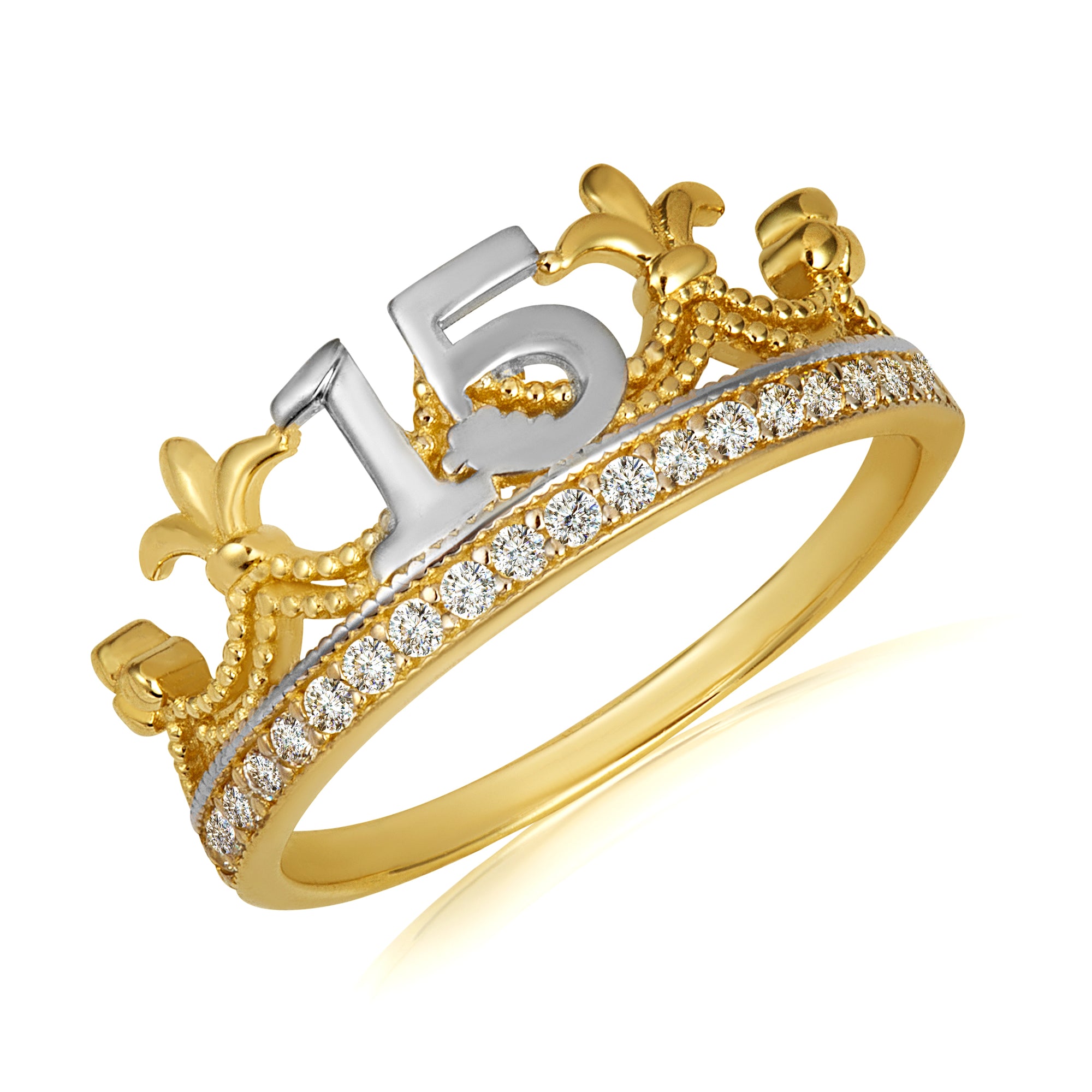 Two-Tone Gold Cubic Zirconia Fleur-de-lis Crown 15 Años Quinceañera Milgrain Ring