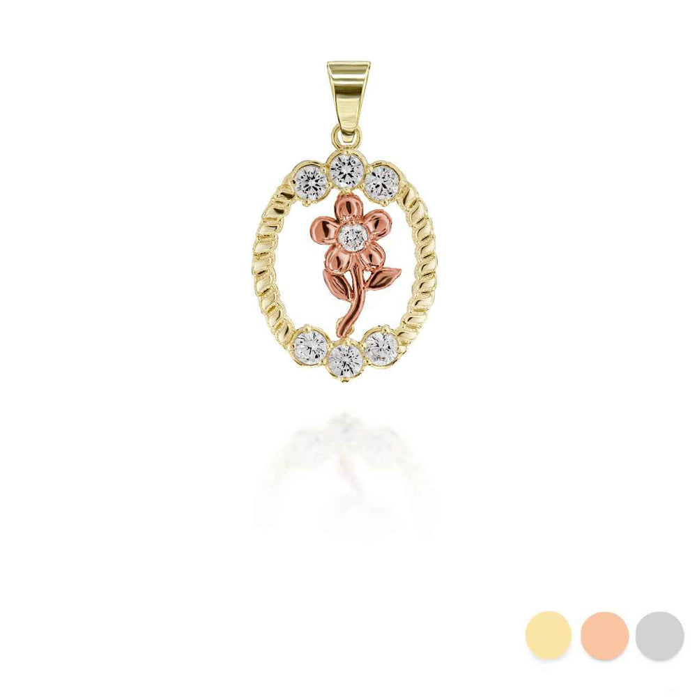 Two-Tone Gold Cubic Zirconia Flower Oval Pendant Necklace