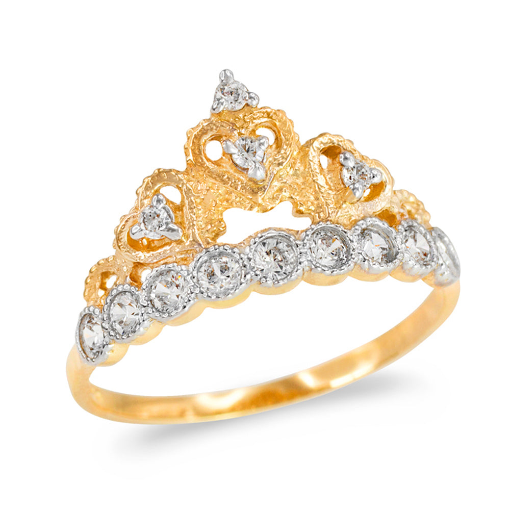 Two-Tone Gold Cubic Zirconia Heart Crown Ring
