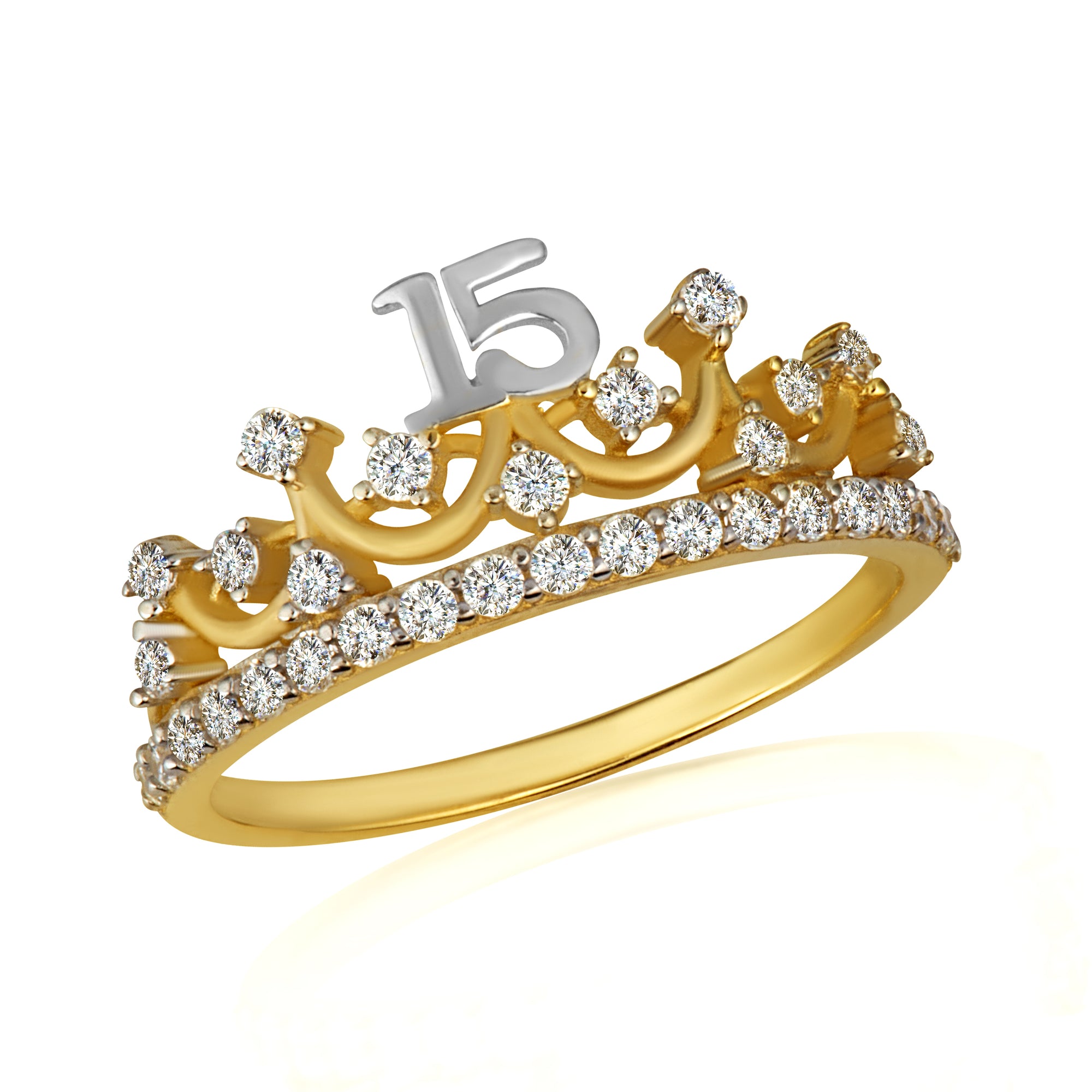 Two-Tone Gold Cubic Zirconia Princess Crown 15 Años Quinceañera Tiara Ring