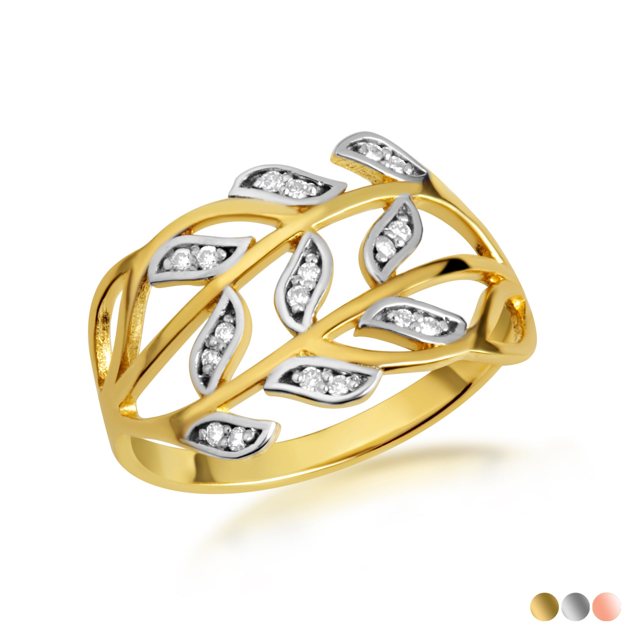 Two-Tone Gold Diamond Branch Twig Leaves Band Ring