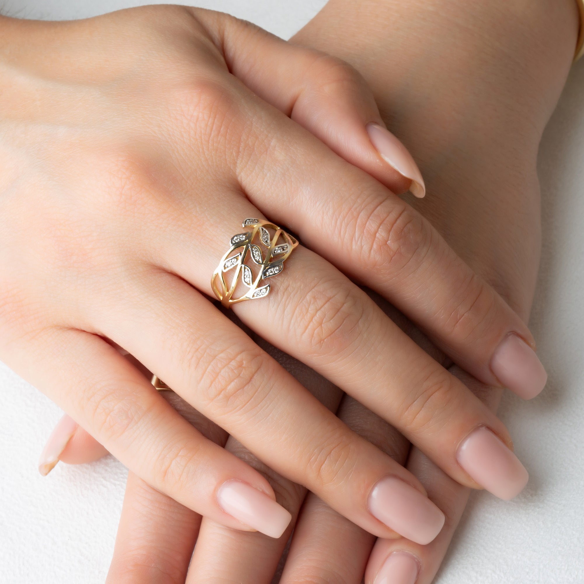 Two-Tone Gold Diamond Branch Twig Leaves Band Ring, view 2