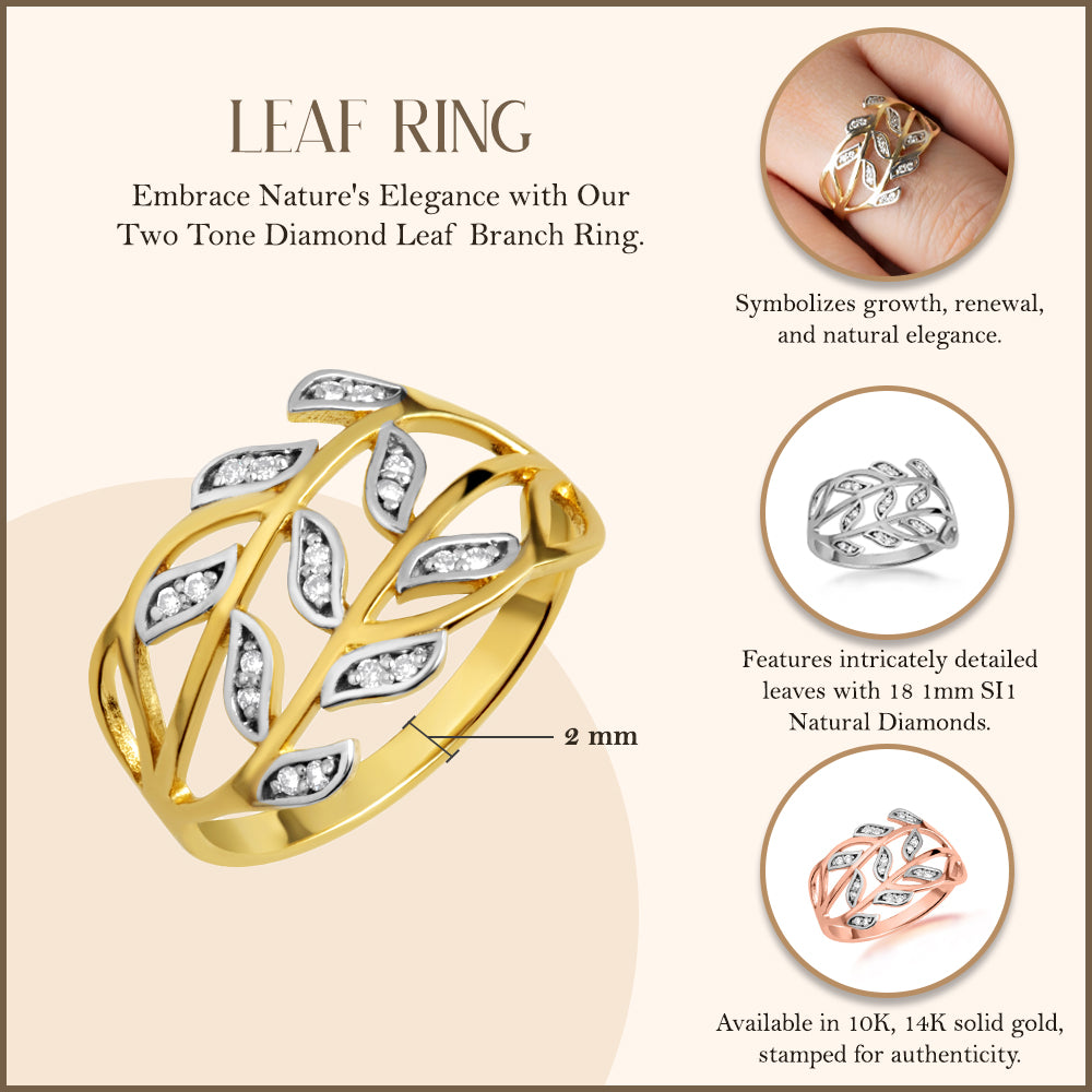 Two-Tone Gold Diamond Branch Twig Leaves Band Ring, view 3