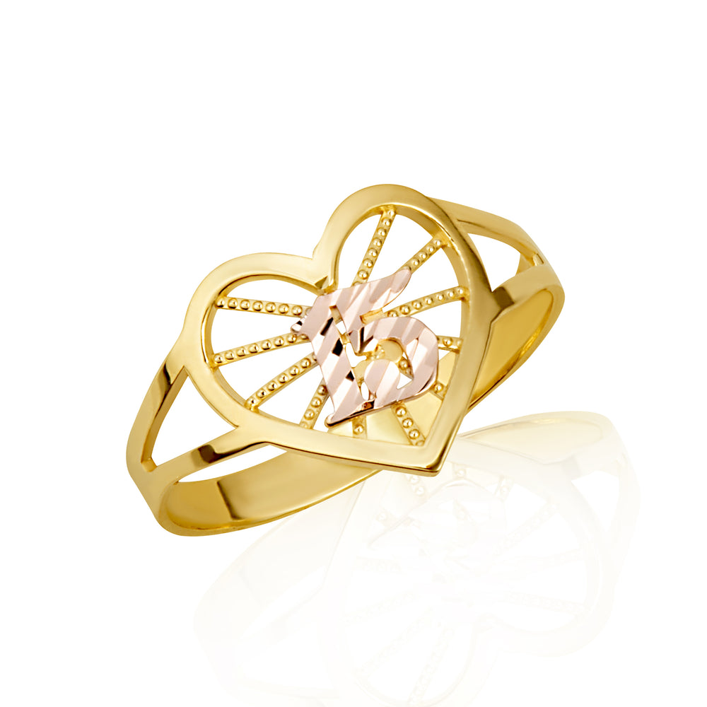 Two-Tone Gold Diamond Cut 15 Años Quinceañera Heart Beaded Ring