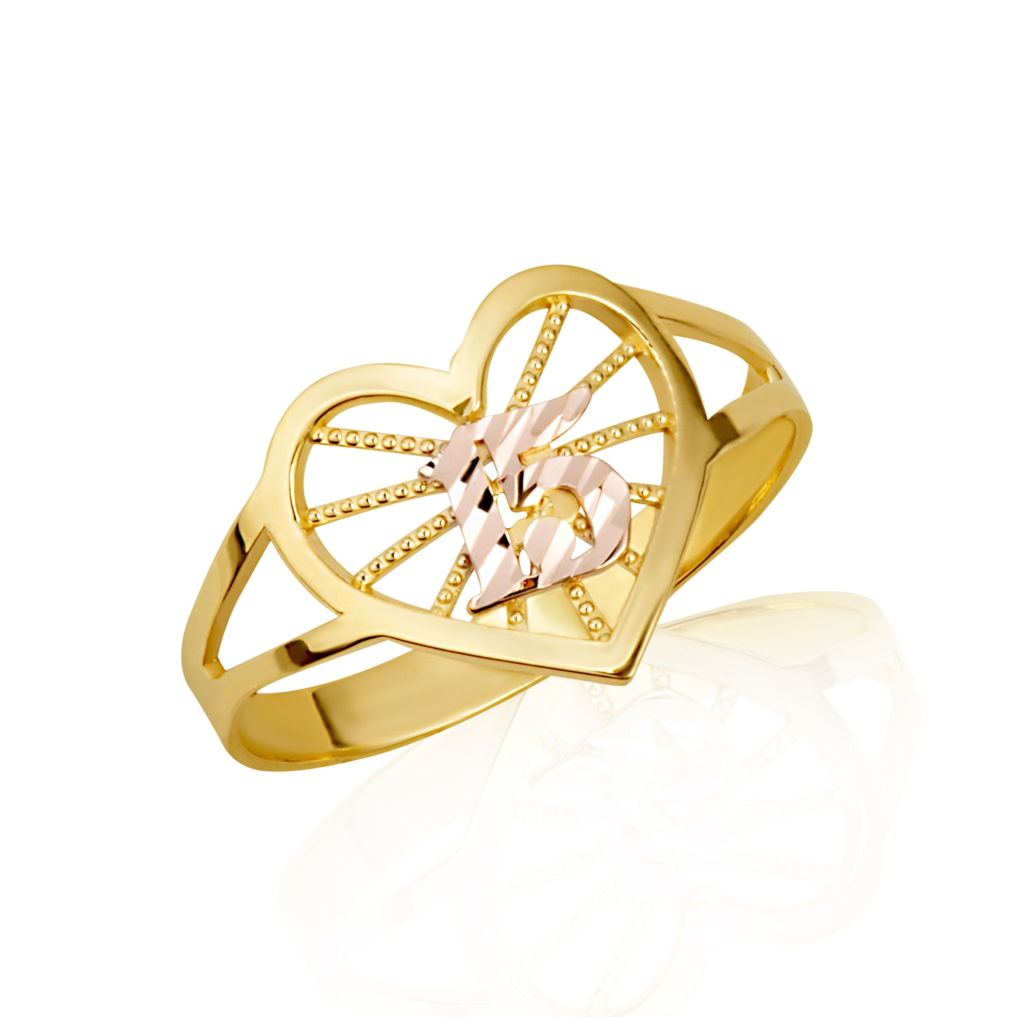 Two-Tone Gold Diamond Cut 15 Años Quinceañera Heart Beaded Ring