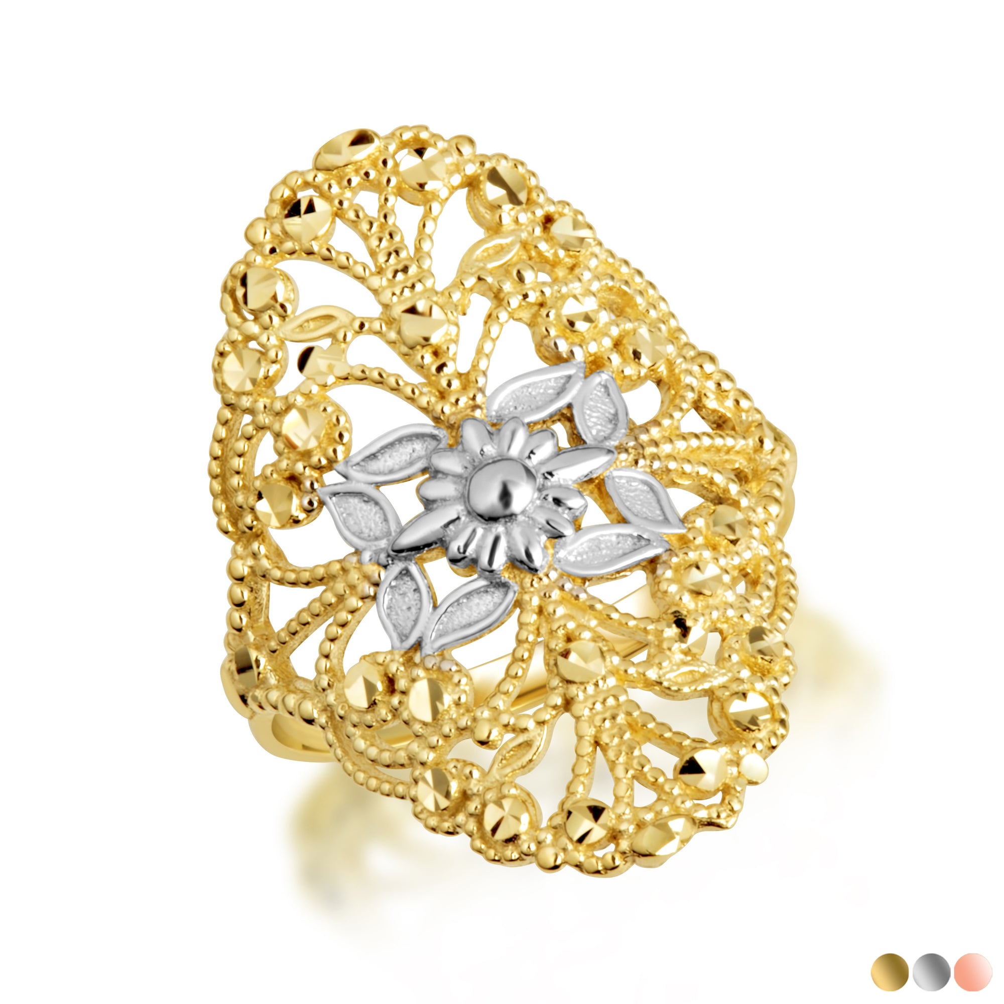 Two-Tone Gold Diamond Cut Flower Filigree Ring