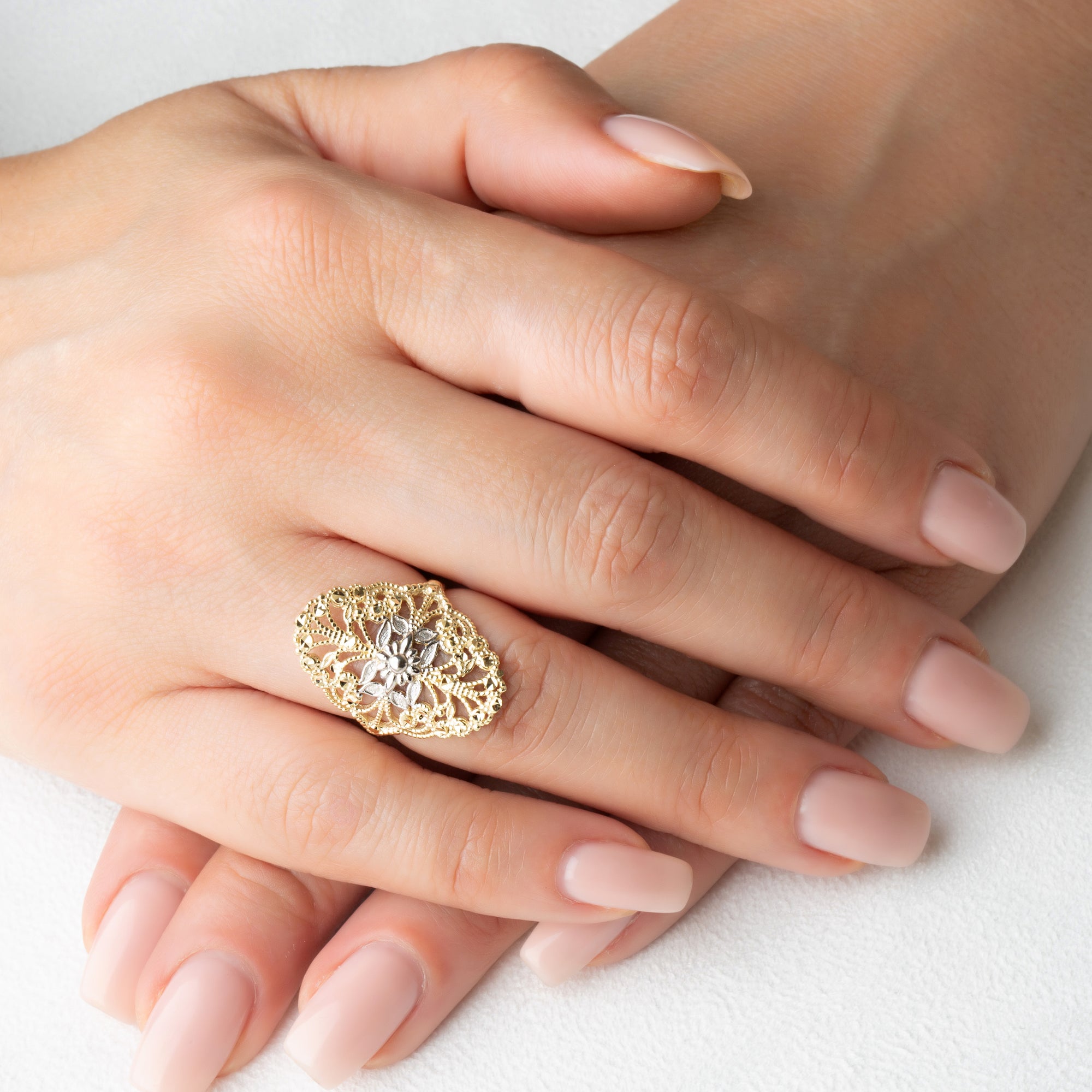 Two-Tone Gold Diamond Cut Flower Filigree Ring, view 2