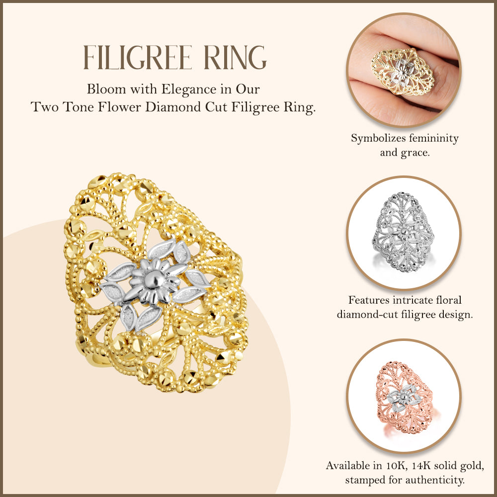 Two-Tone Gold Diamond Cut Flower Filigree Ring, view 3