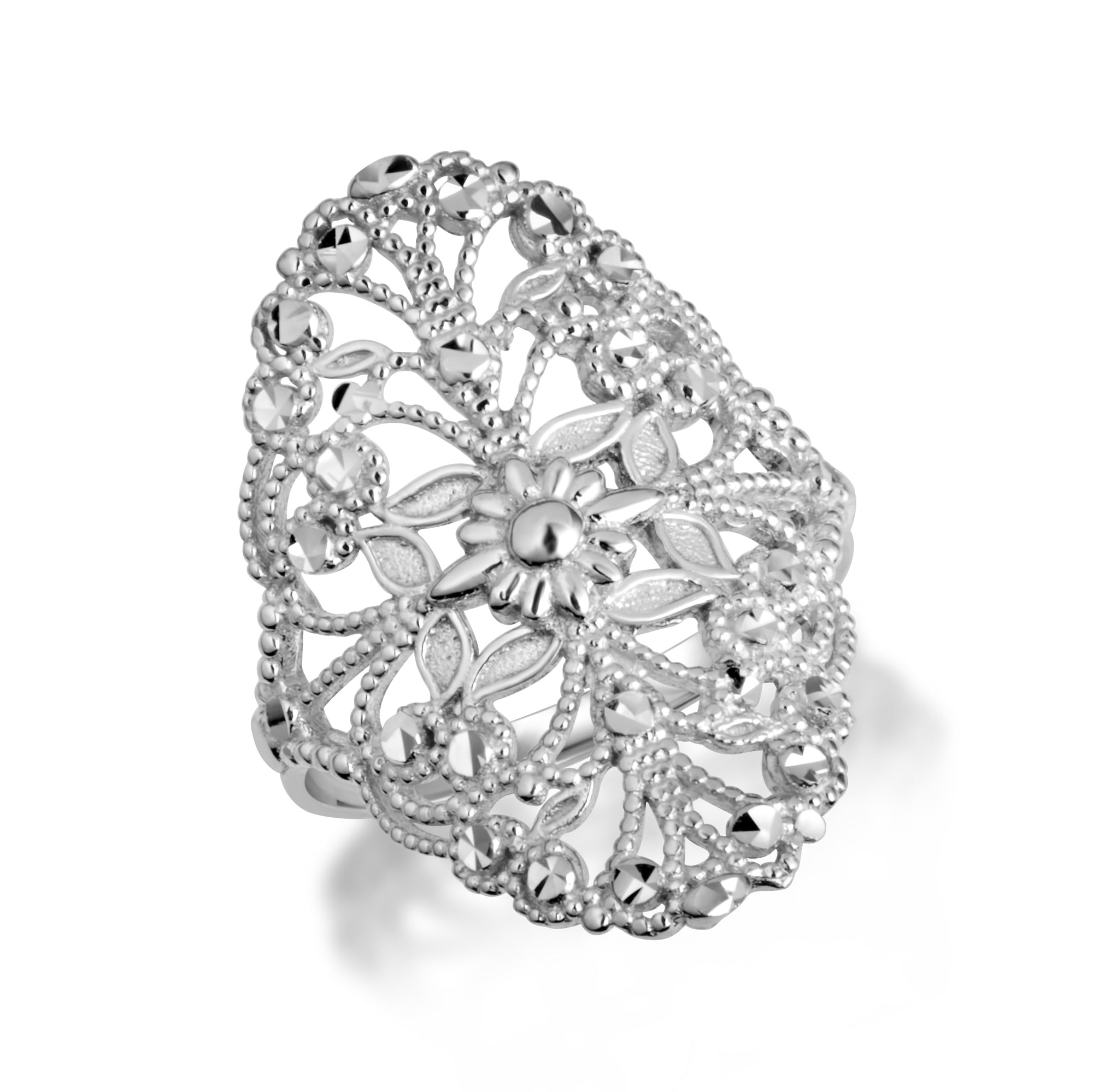 Two-Tone Gold Diamond Cut Flower Filigree Ring, view 4