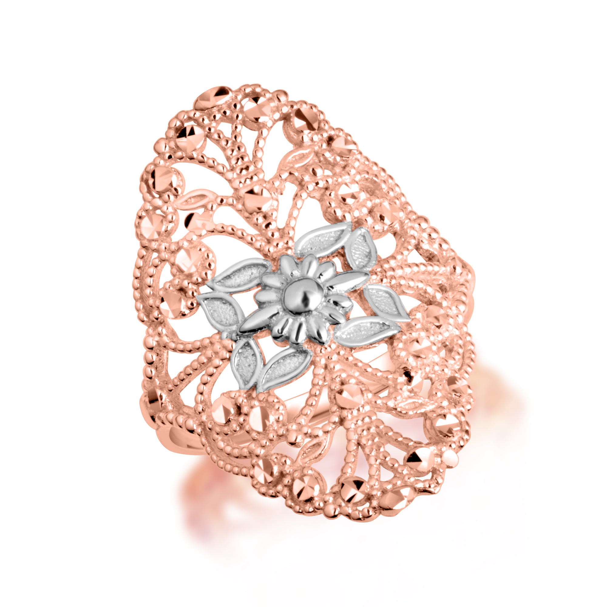 Two-Tone Gold Diamond Cut Flower Filigree Ring, view 5