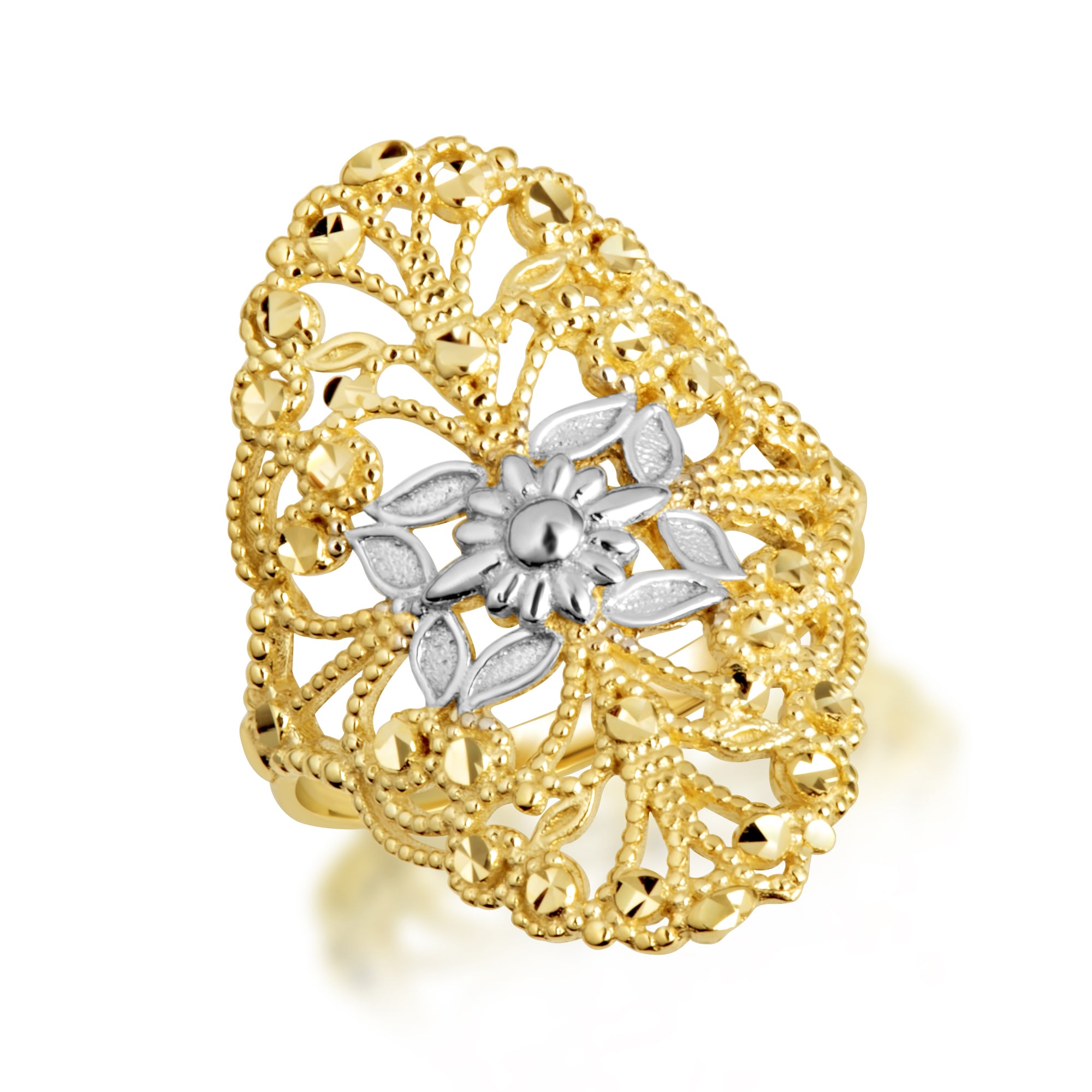 Two-Tone Gold Diamond Cut Flower Filigree Ring, view 6