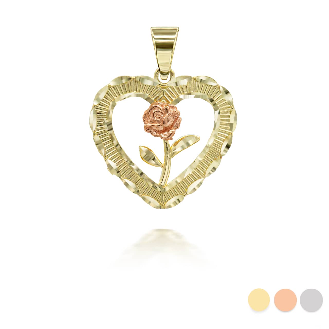 Two-Tone Gold Diamond Cut Heart Rose Flower Pendant Necklace