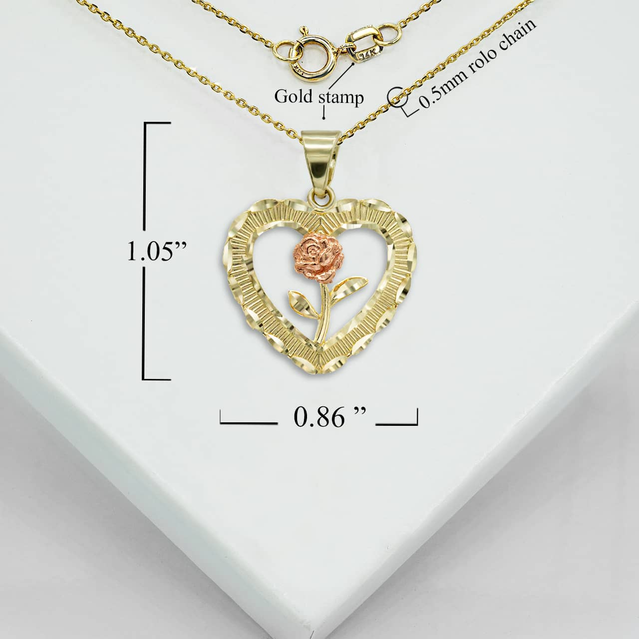 Two-Tone Gold Diamond Cut Heart Rose Flower Pendant Necklace, view 3