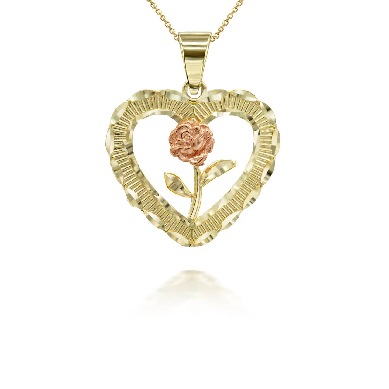 Two-Tone Gold Diamond Cut Heart Rose Flower Pendant Necklace, view 4