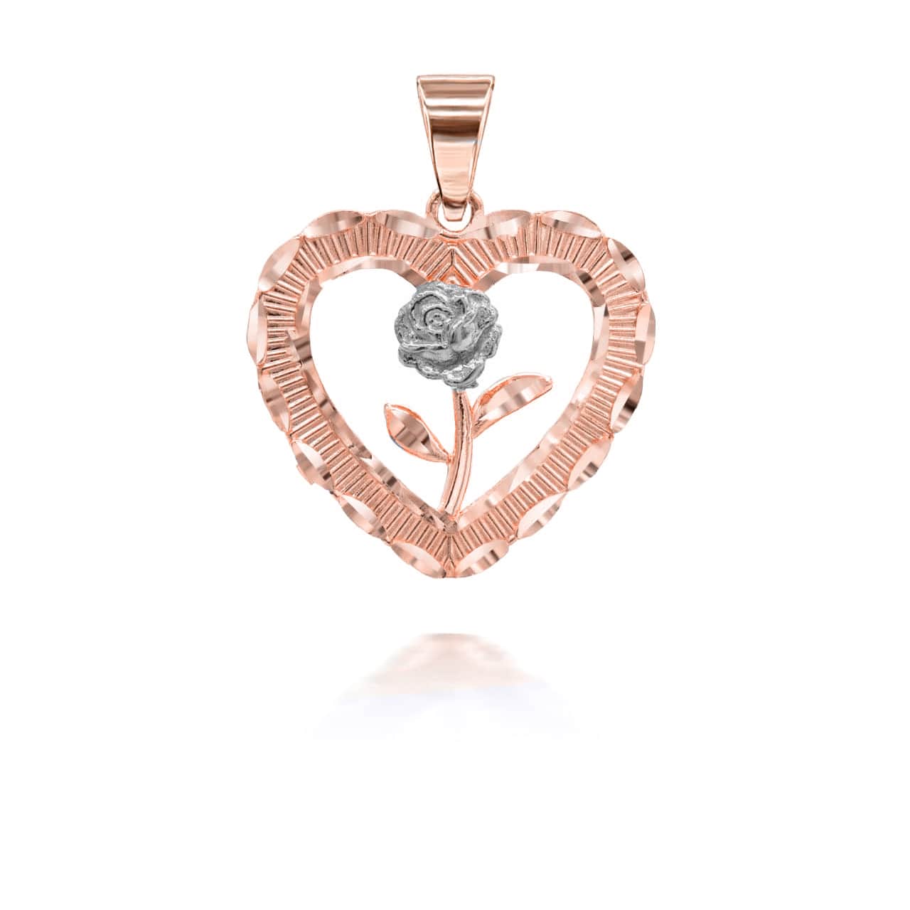 Two-Tone Gold Diamond Cut Heart Rose Flower Pendant Necklace, view 5