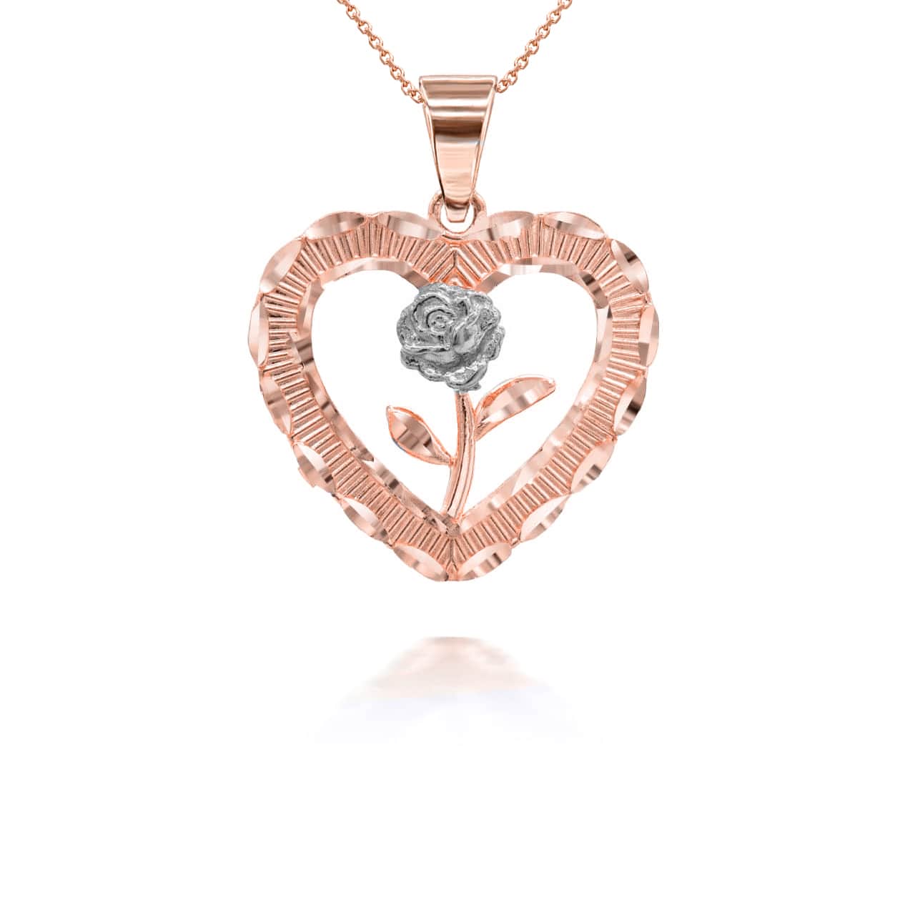 Two-Tone Gold Diamond Cut Heart Rose Flower Pendant Necklace, view 6