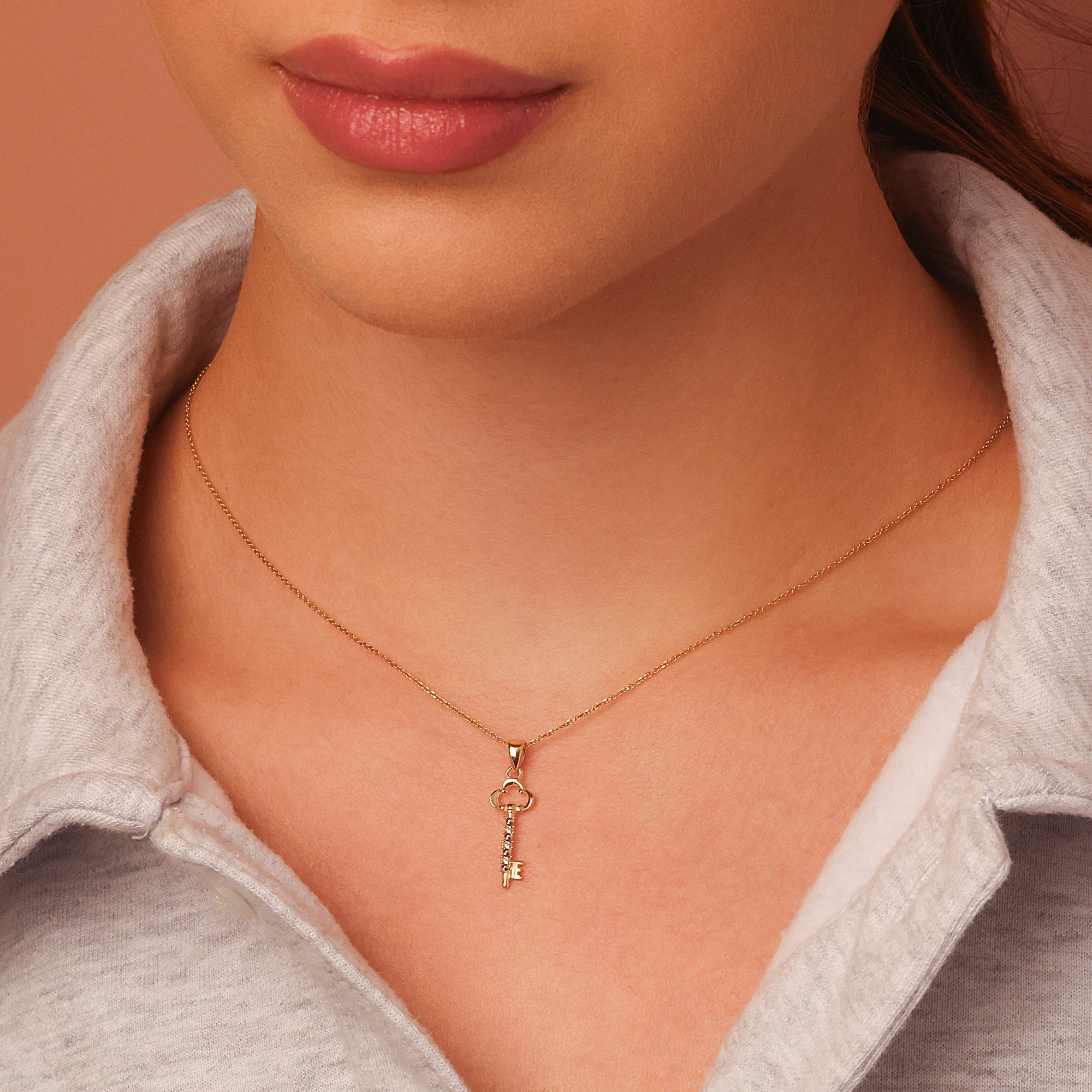 Two-Tone Gold Diamond Cut Key Necklace, view 2