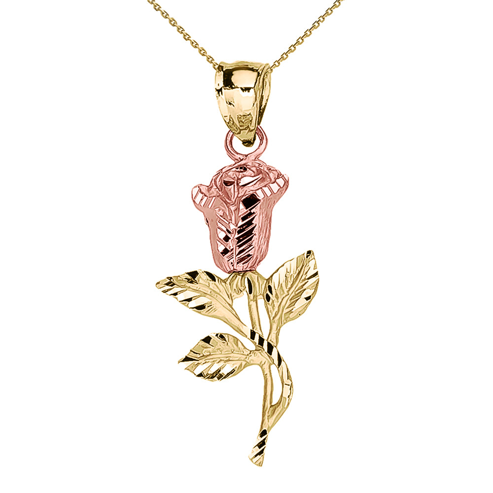 Two-Tone Gold Diamond Cut Rose Flower Pendant Necklace