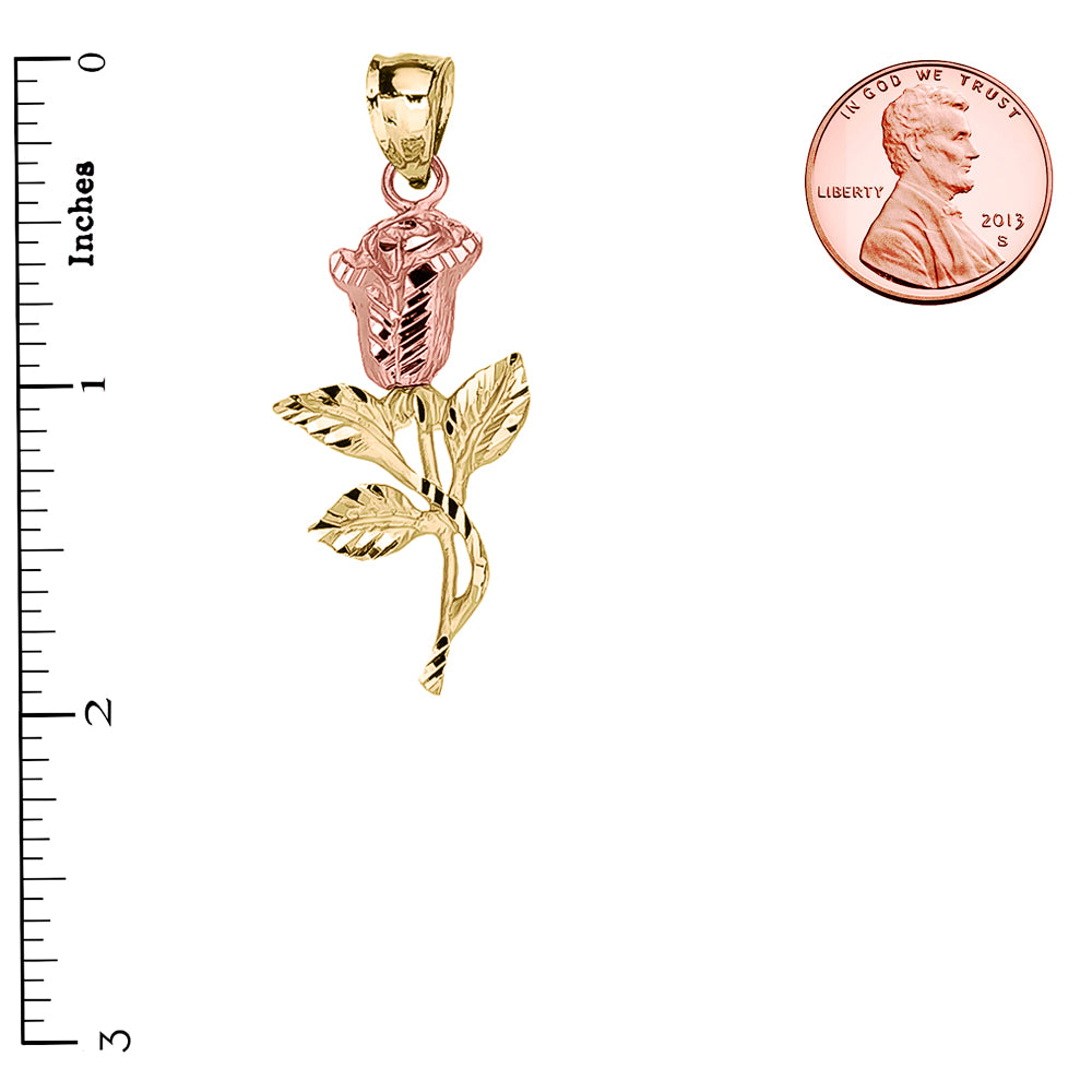 Two-Tone Gold Diamond Cut Rose Flower Pendant Necklace, view 3