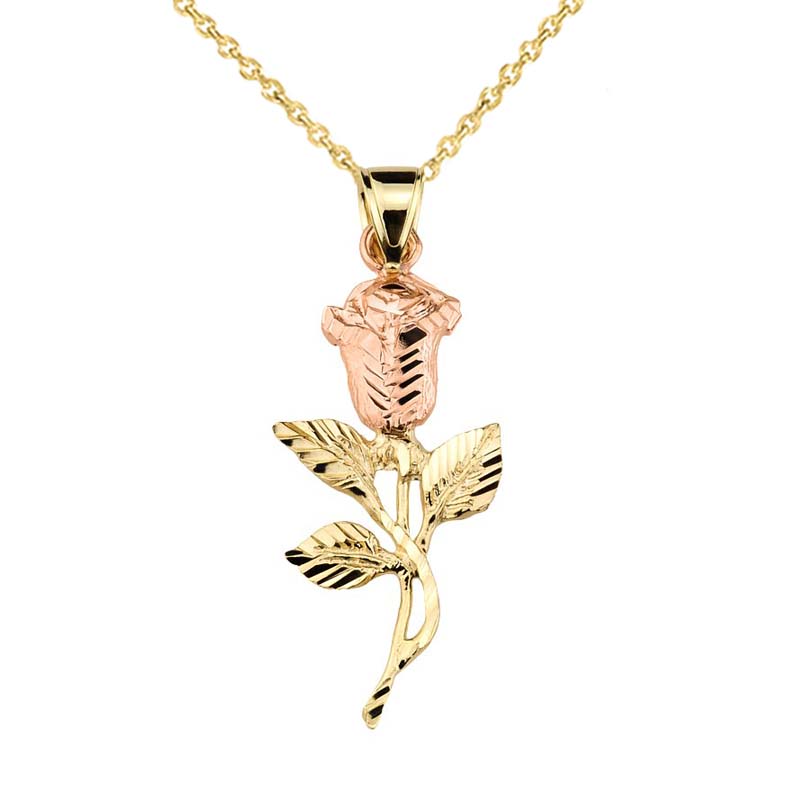 Two-Tone Gold Diamond Cut Rose Flower Pendant Necklace — Width: 0.6