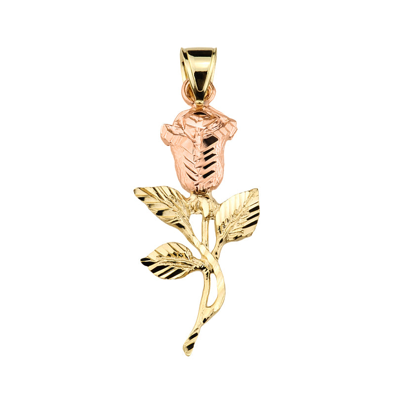 Two-Tone Gold Diamond Cut Rose Flower Pendant Necklace — Width: 0.6, view 2