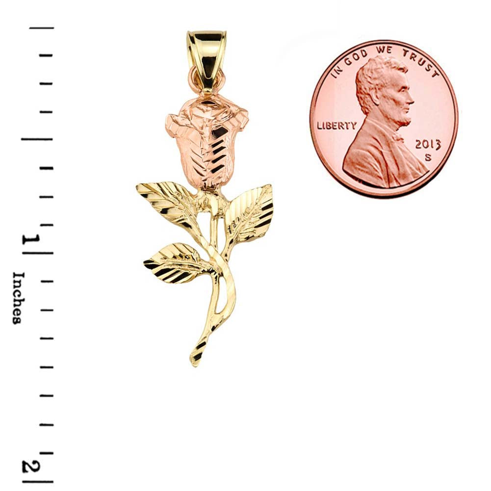 Two-Tone Gold Diamond Cut Rose Flower Pendant Necklace — Width: 0.6, view 3