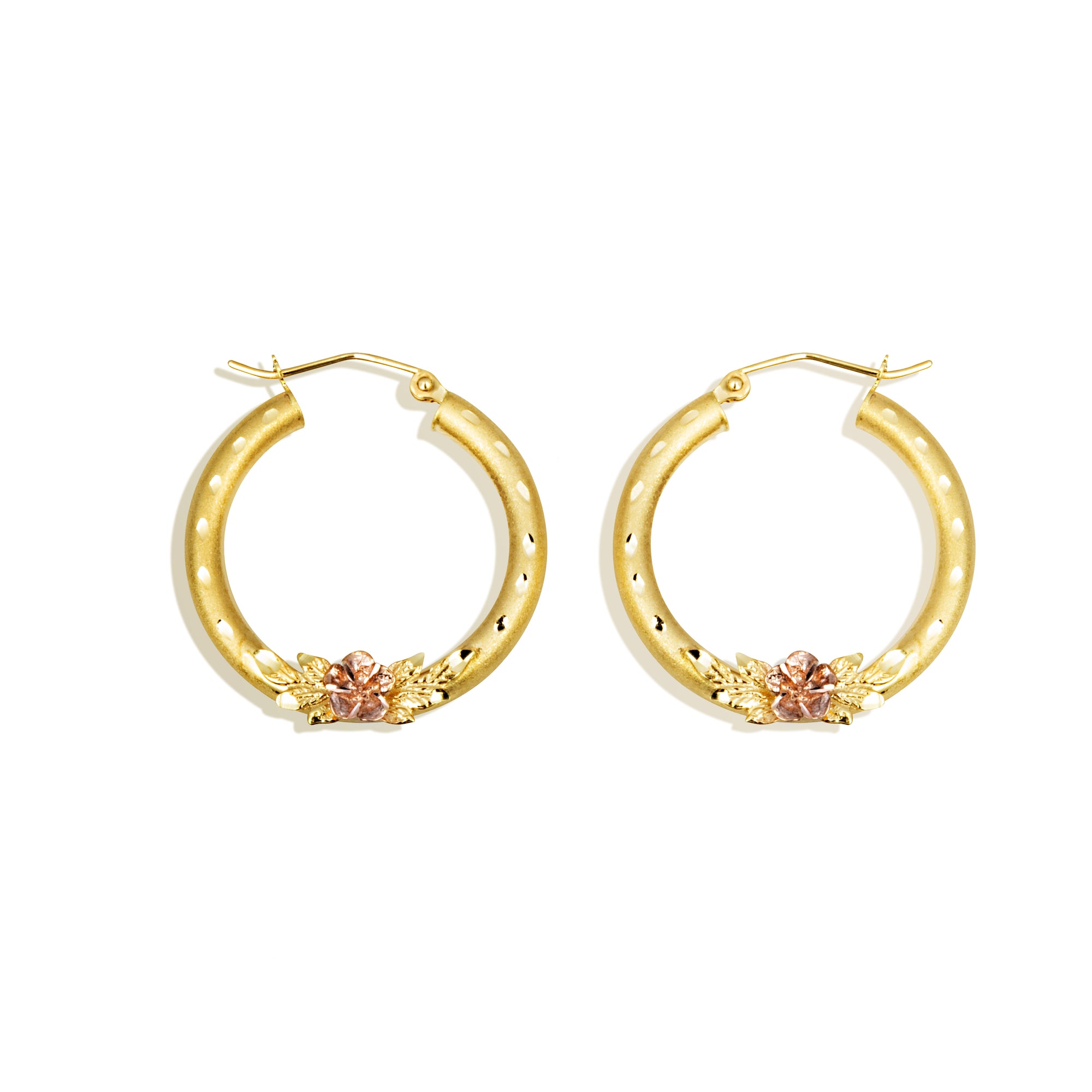 Two-Tone Gold Diamond Cut Rose Flower Satin Finish Hoop Earrings