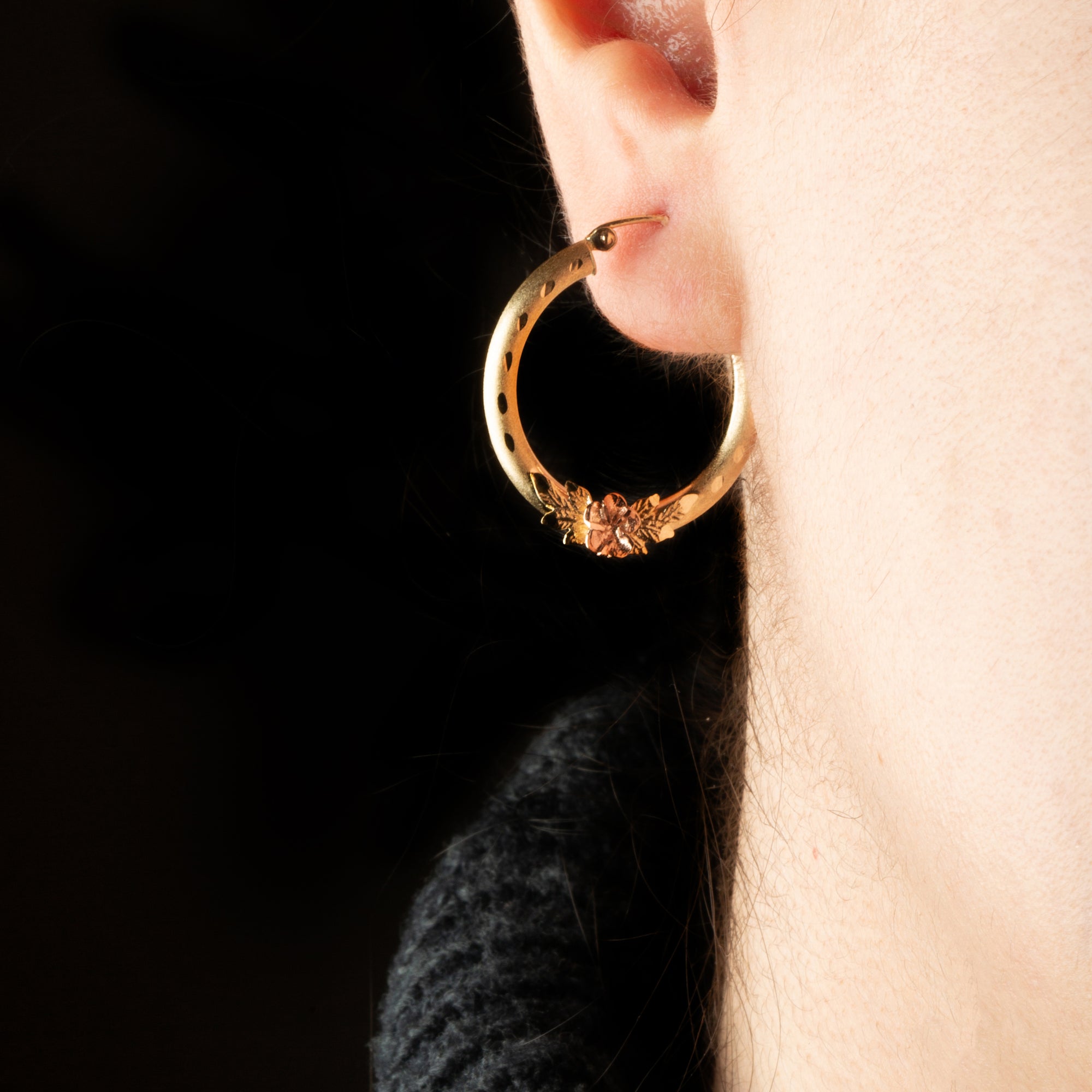 Two-Tone Gold Diamond Cut Rose Flower Satin Finish Hoop Earrings, view 2