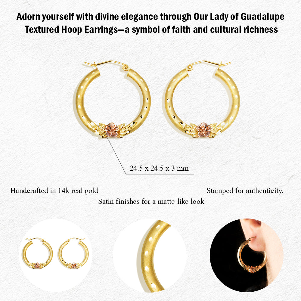 Two-Tone Gold Diamond Cut Rose Flower Satin Finish Hoop Earrings, view 3