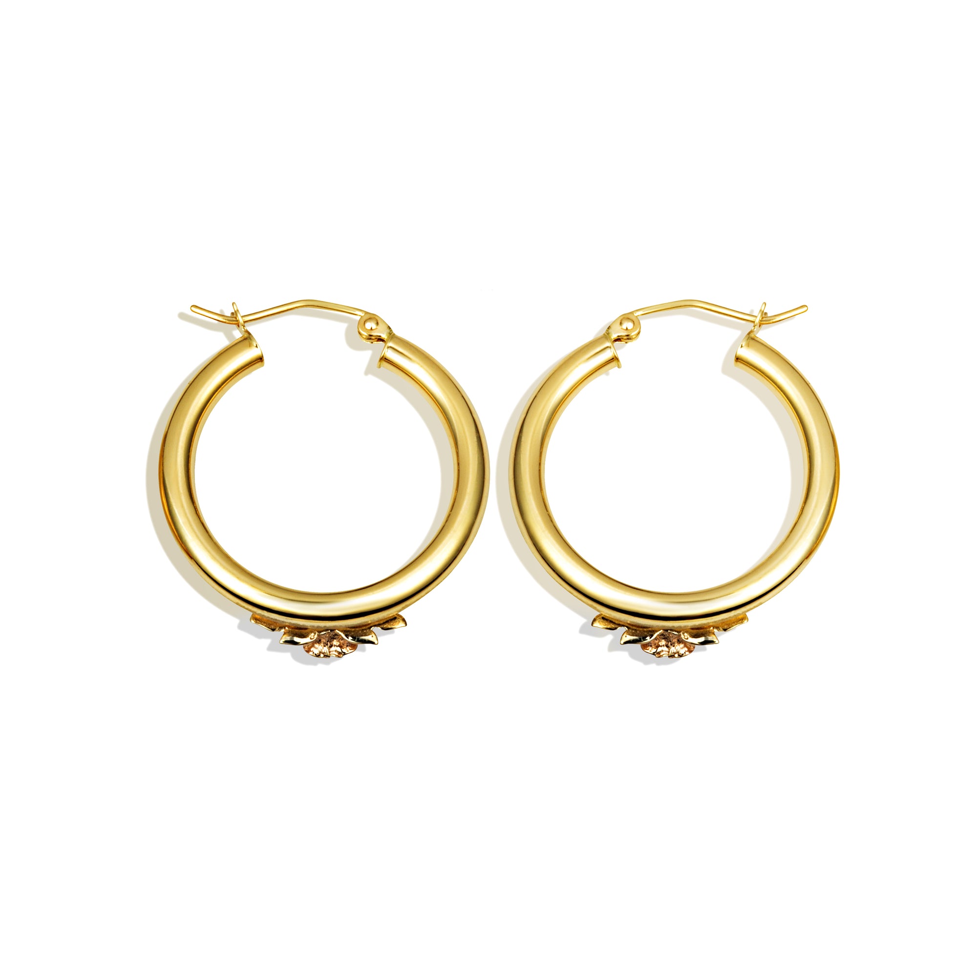Two-Tone Gold Diamond Cut Rose Flower Satin Finish Hoop Earrings, view 4