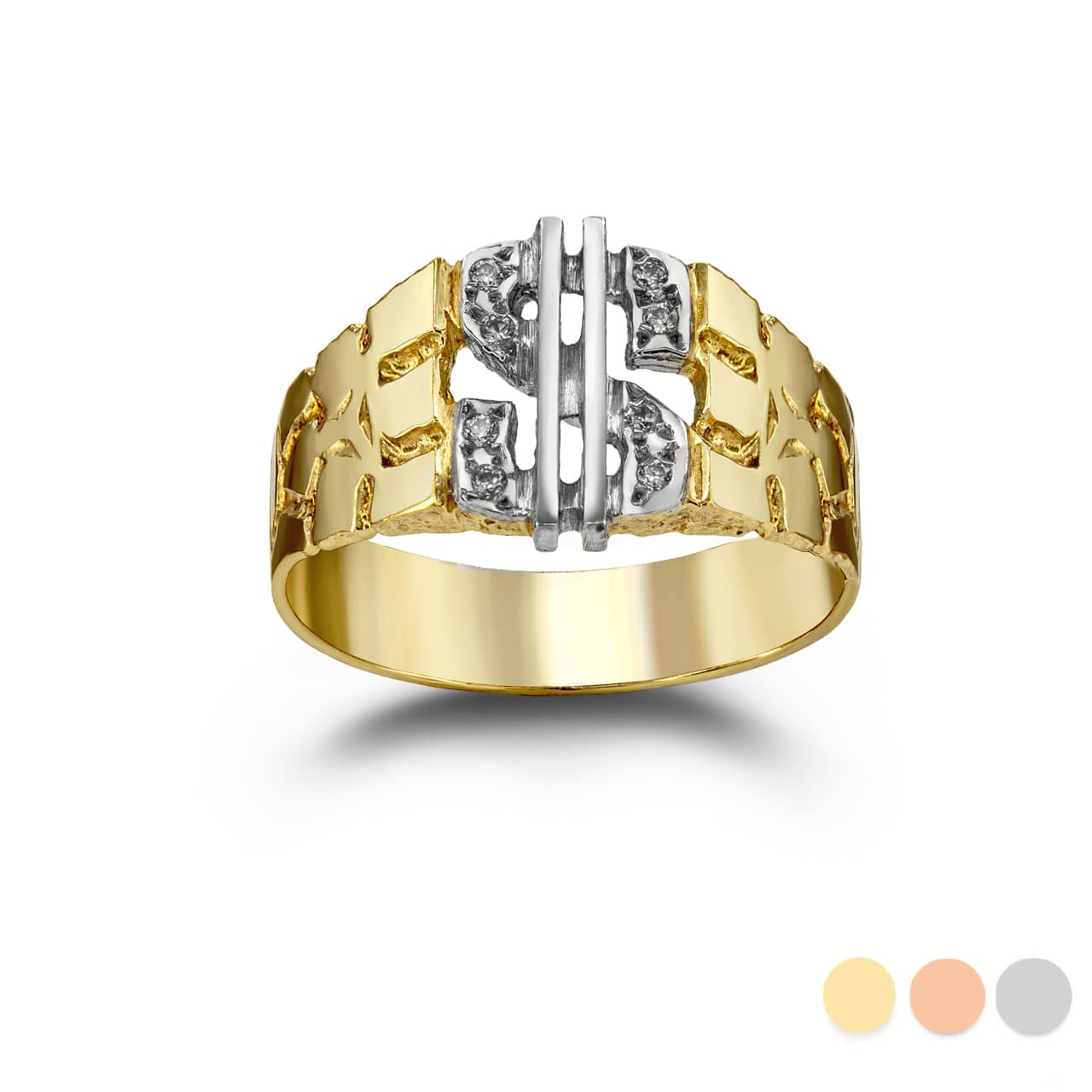 Two-Tone Gold Diamond Dollar Sign Money Nugget Ring