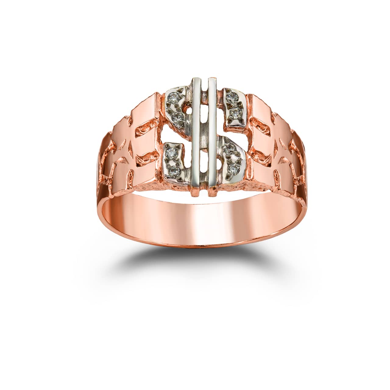 Two-Tone Gold Diamond Dollar Sign Money Nugget Ring, view 2