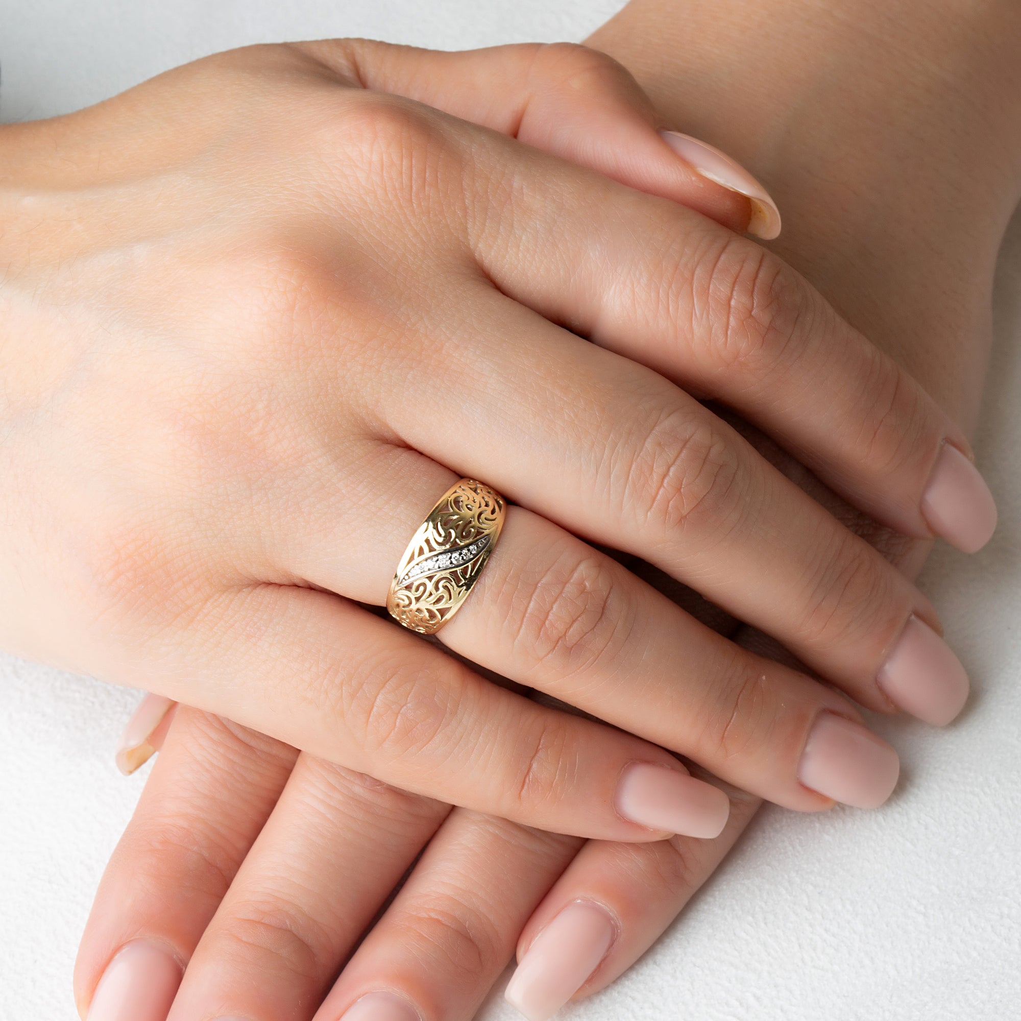 Two-Tone Gold Diamond Filigree Band Ring, view 2