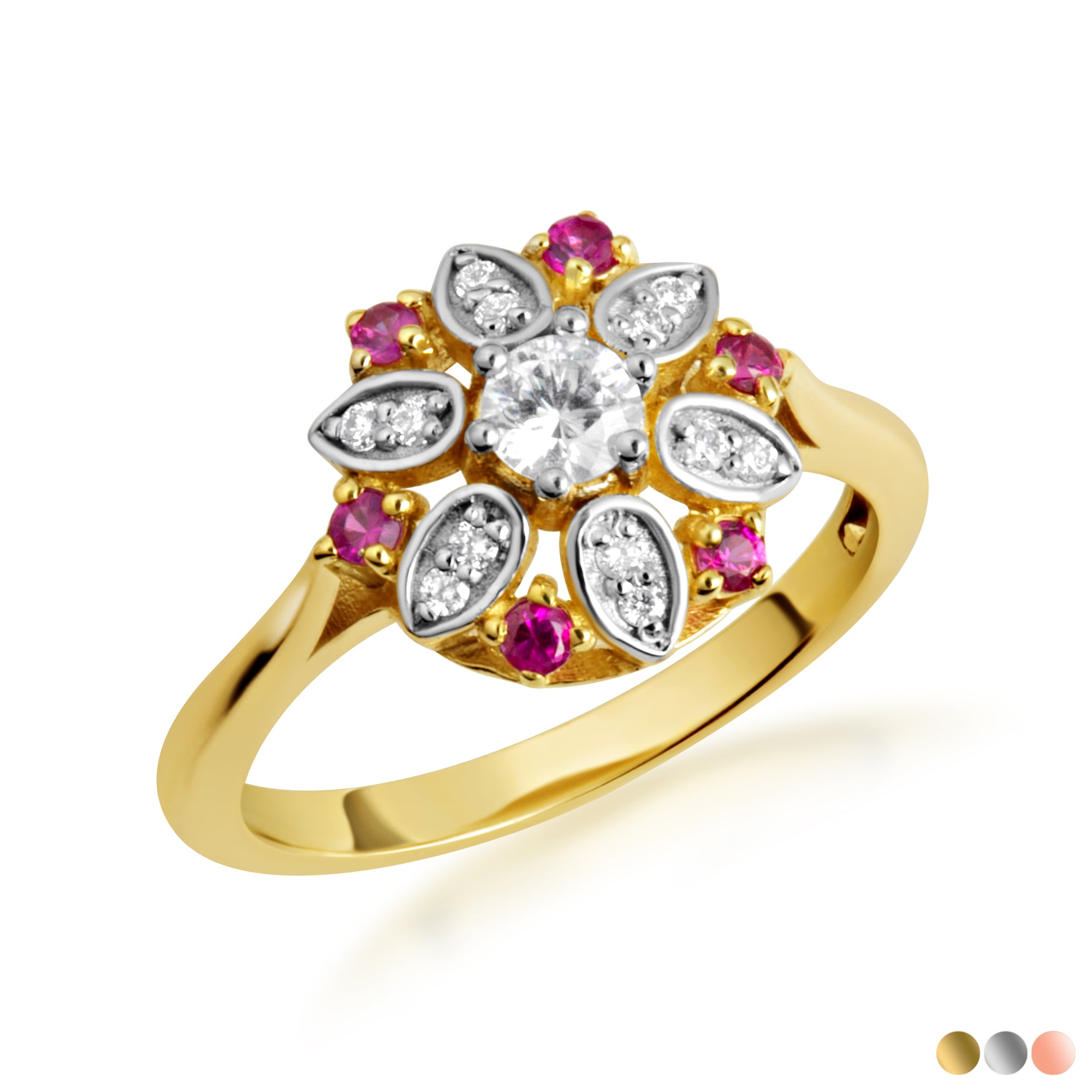 Two-Tone Gold Diamond Flower Ruby Gemstone Ring