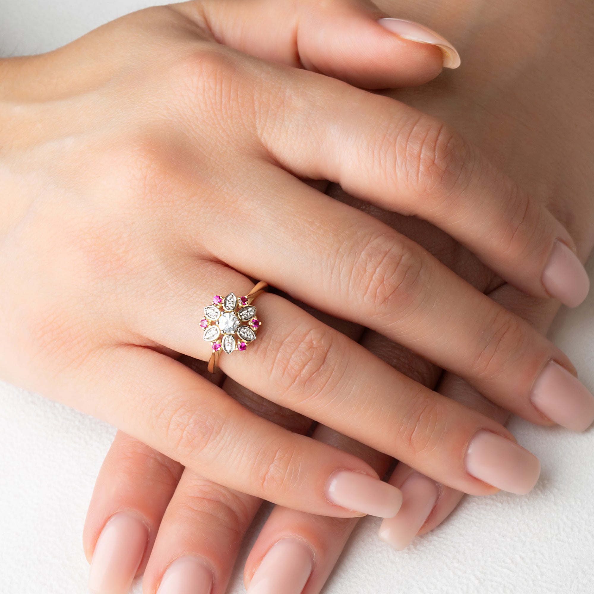 Two-Tone Gold Diamond Flower Ruby Gemstone Ring, view 2