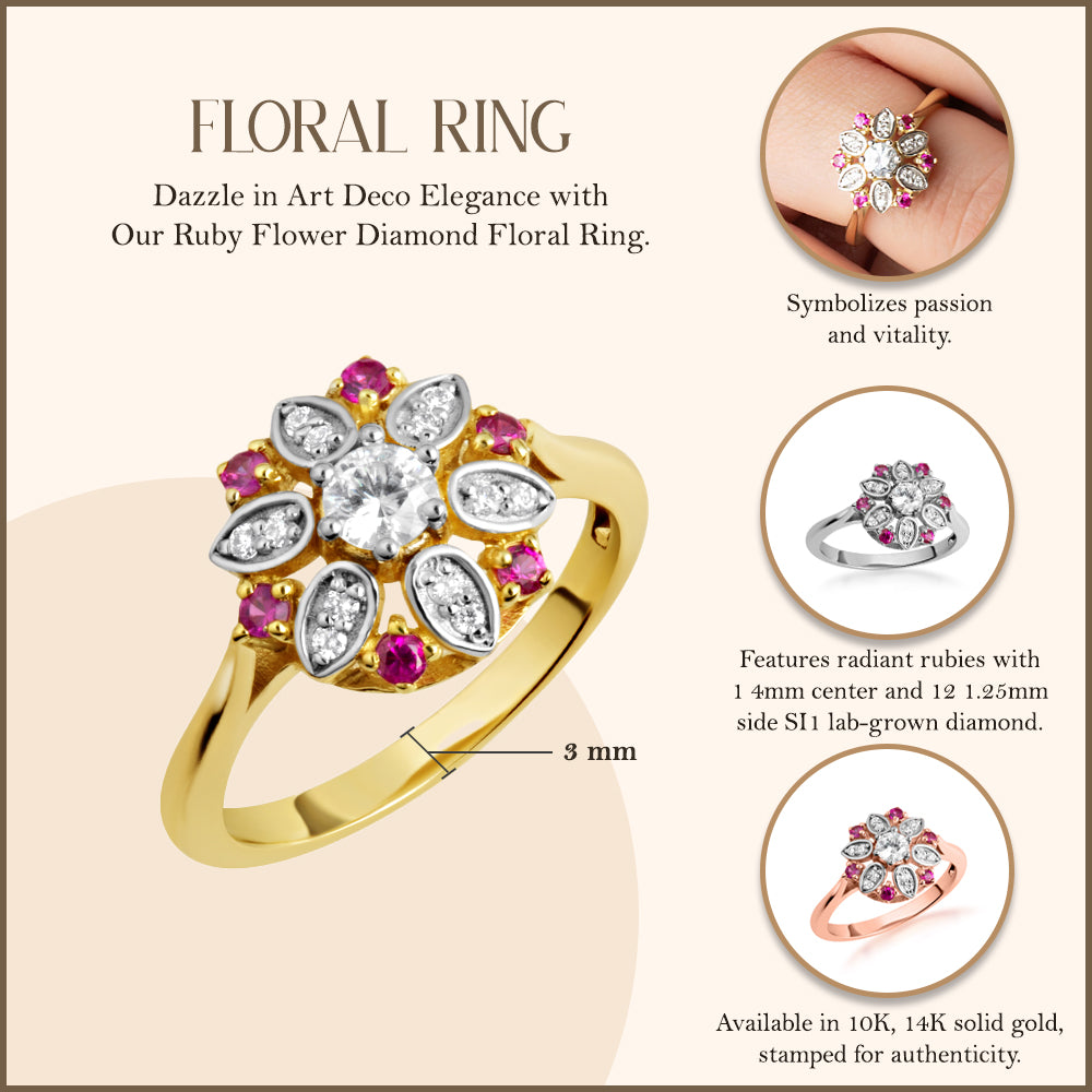 Two-Tone Gold Diamond Flower Ruby Gemstone Ring, view 3