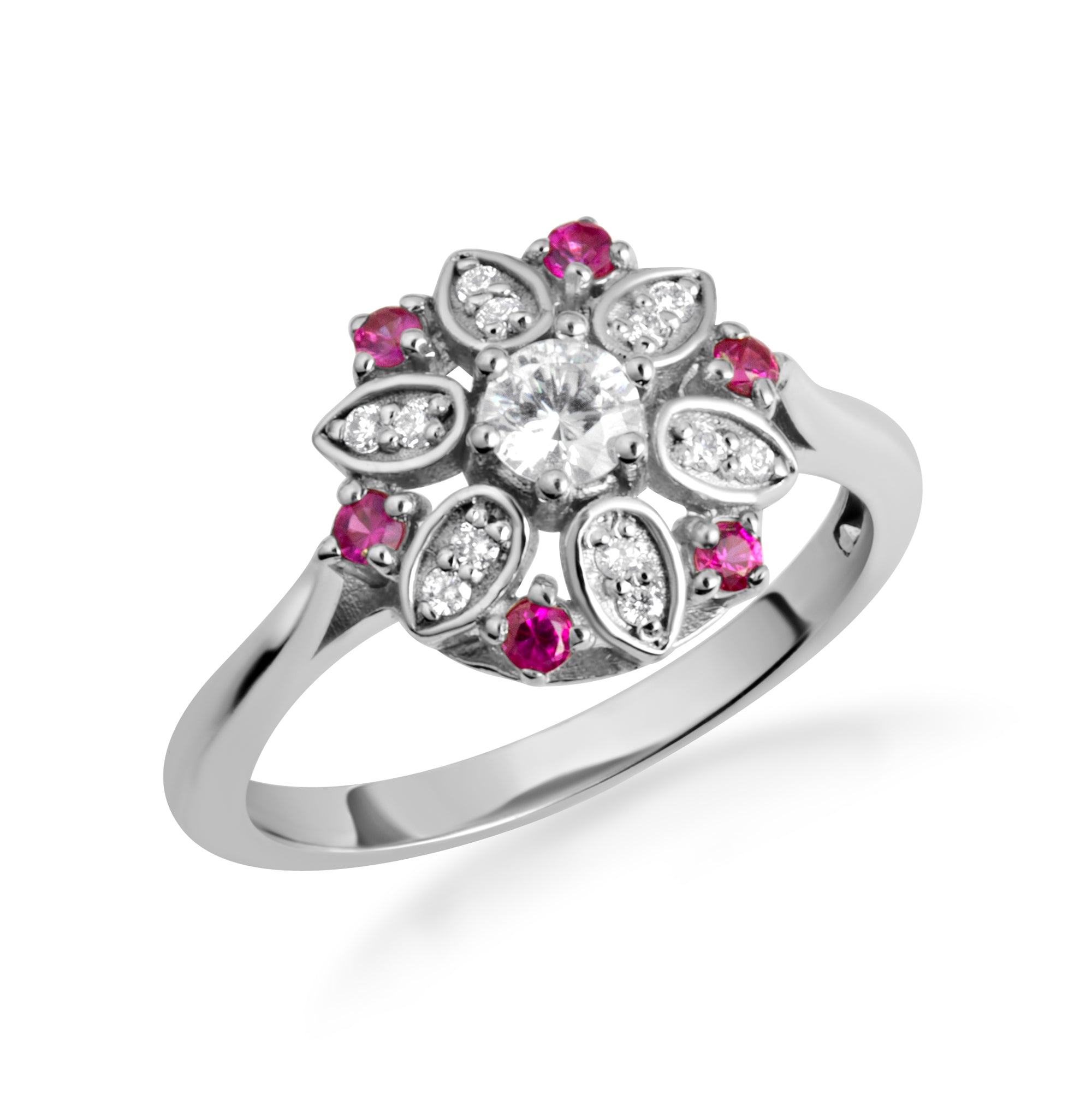 Two-Tone Gold Diamond Flower Ruby Gemstone Ring, view 4