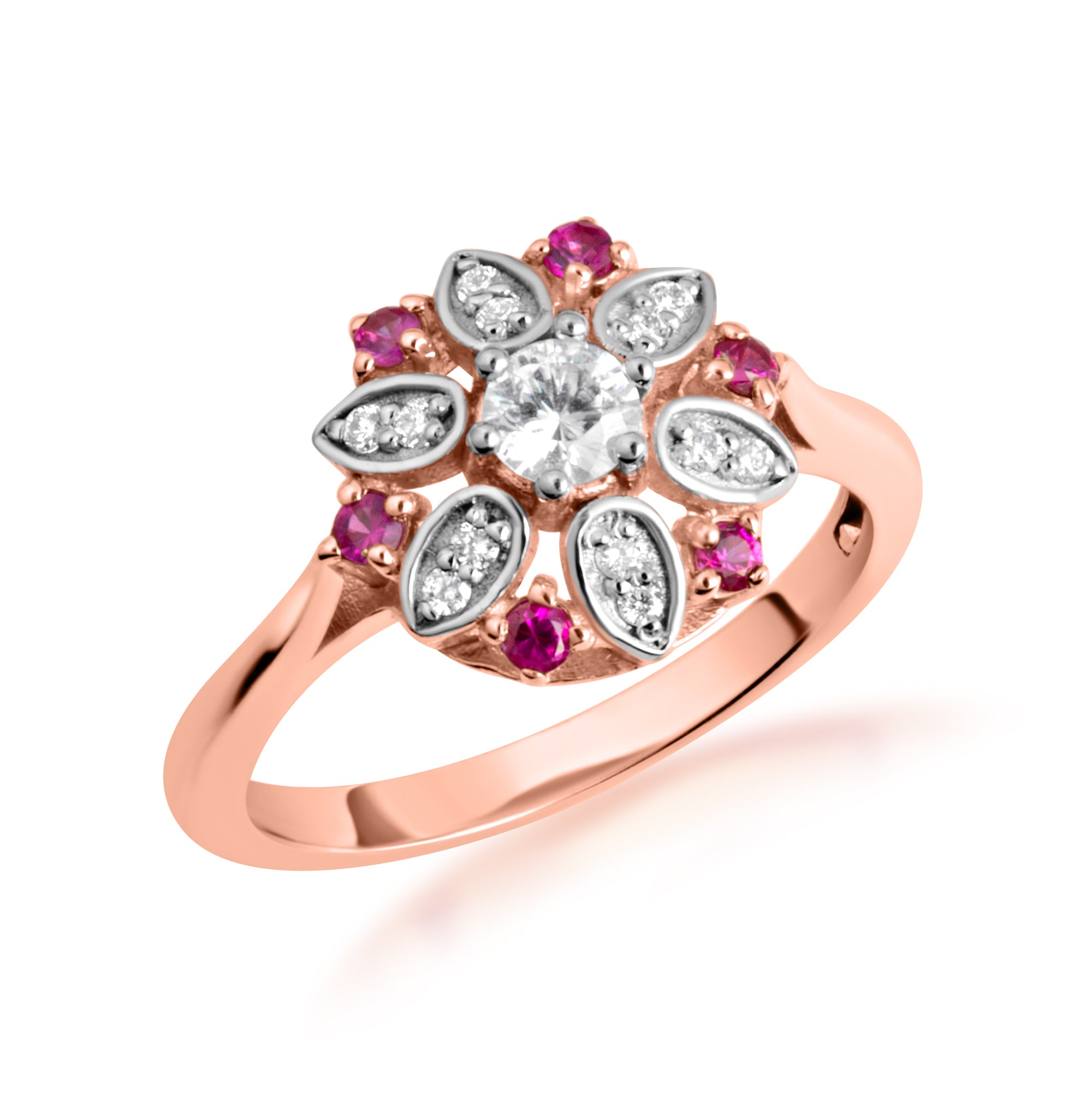 Two-Tone Gold Diamond Flower Ruby Gemstone Ring, view 5