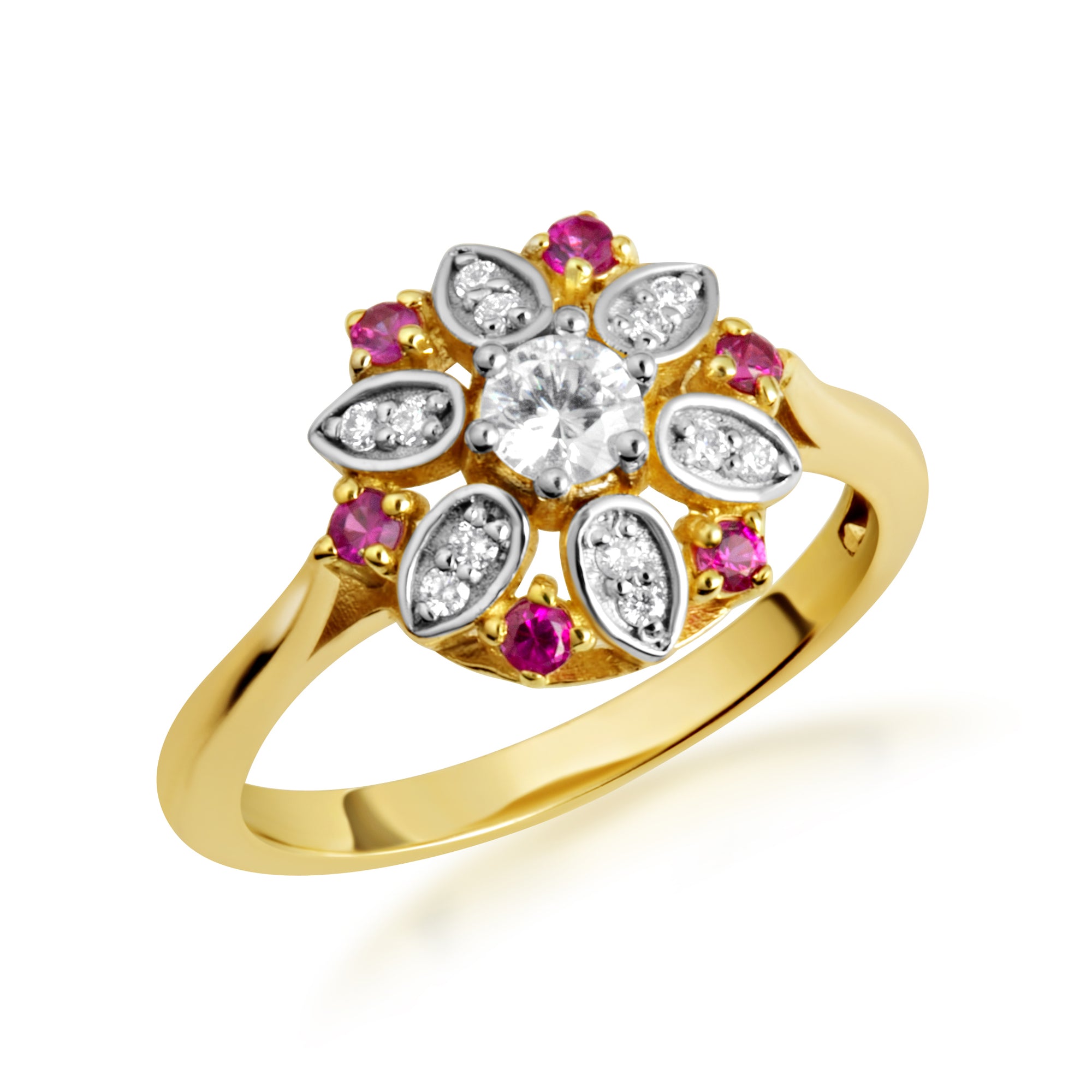 Two-Tone Gold Diamond Flower Ruby Gemstone Ring, view 6
