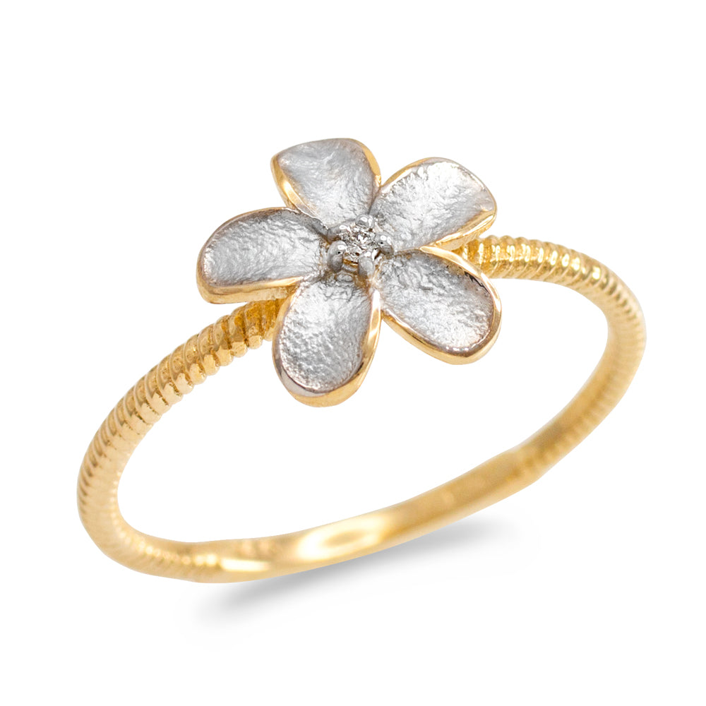 Two-Tone Gold Diamond Hawaiian Plumeria Flower Ring