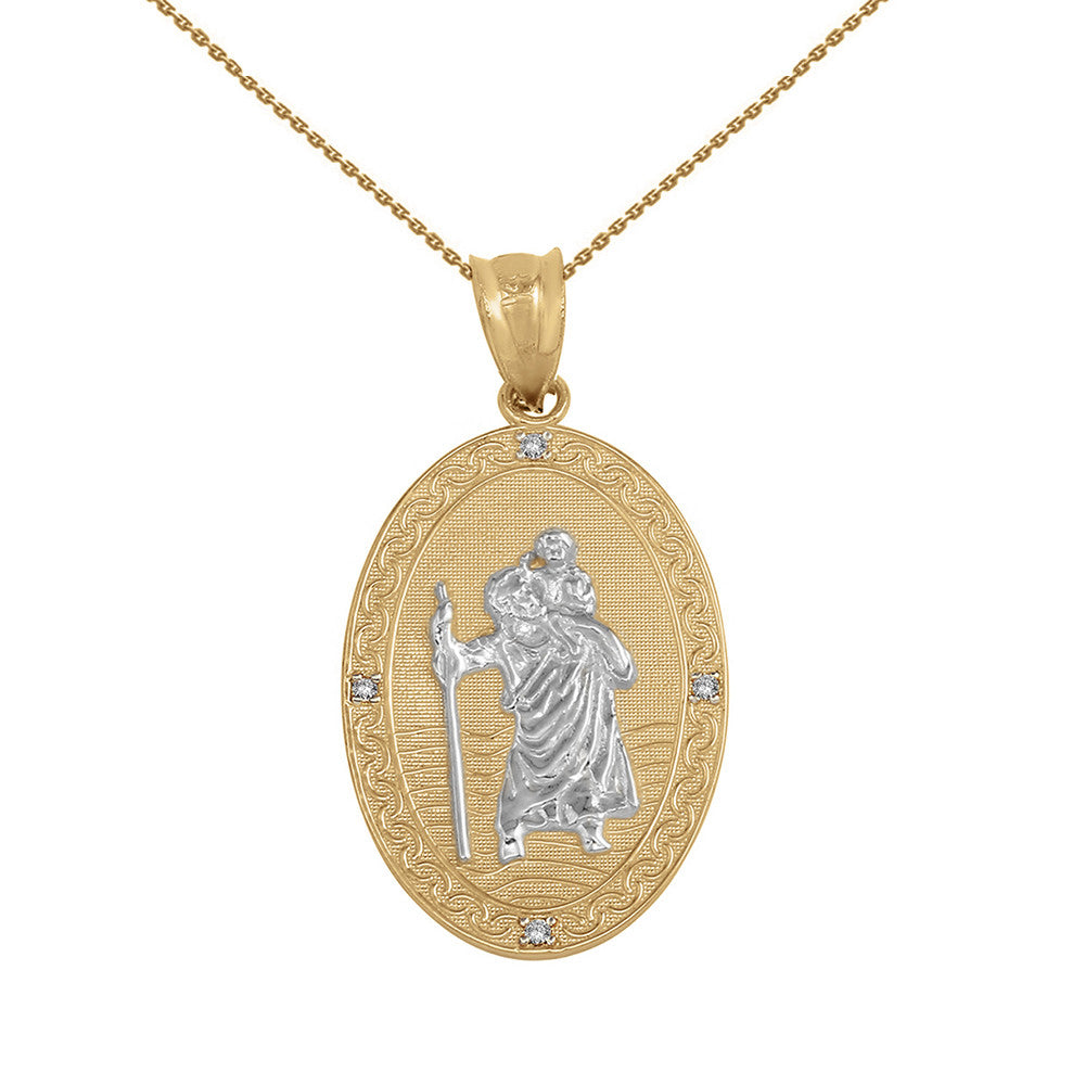 Two-Tone Gold Diamond Saint Christopher Engravable Filigree Oval Medallion Pendant Necklace (1.12")