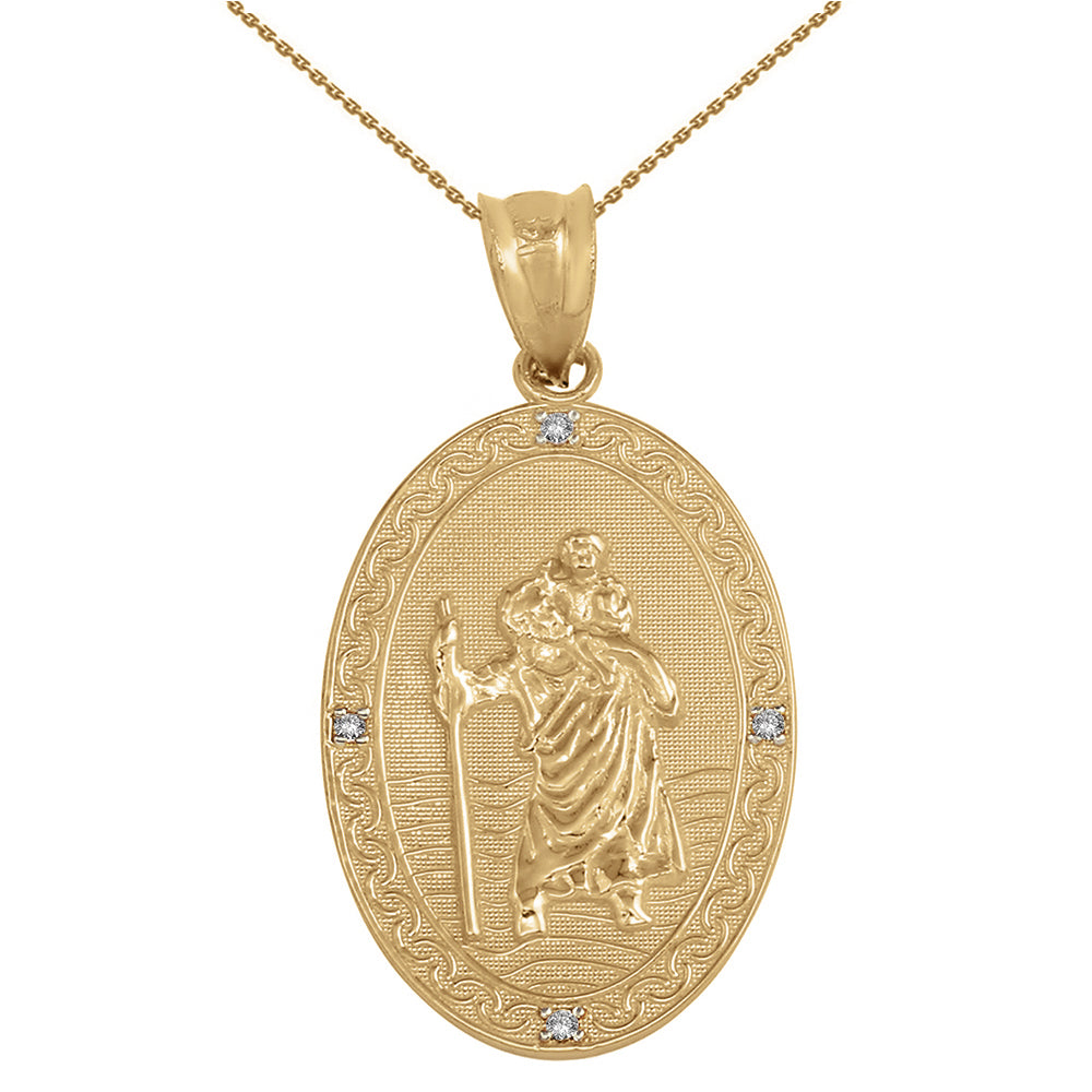 Two-Tone Gold Diamond Saint Christopher Engravable Filigree Oval Medallion Pendant Necklace (1.12"), view 2
